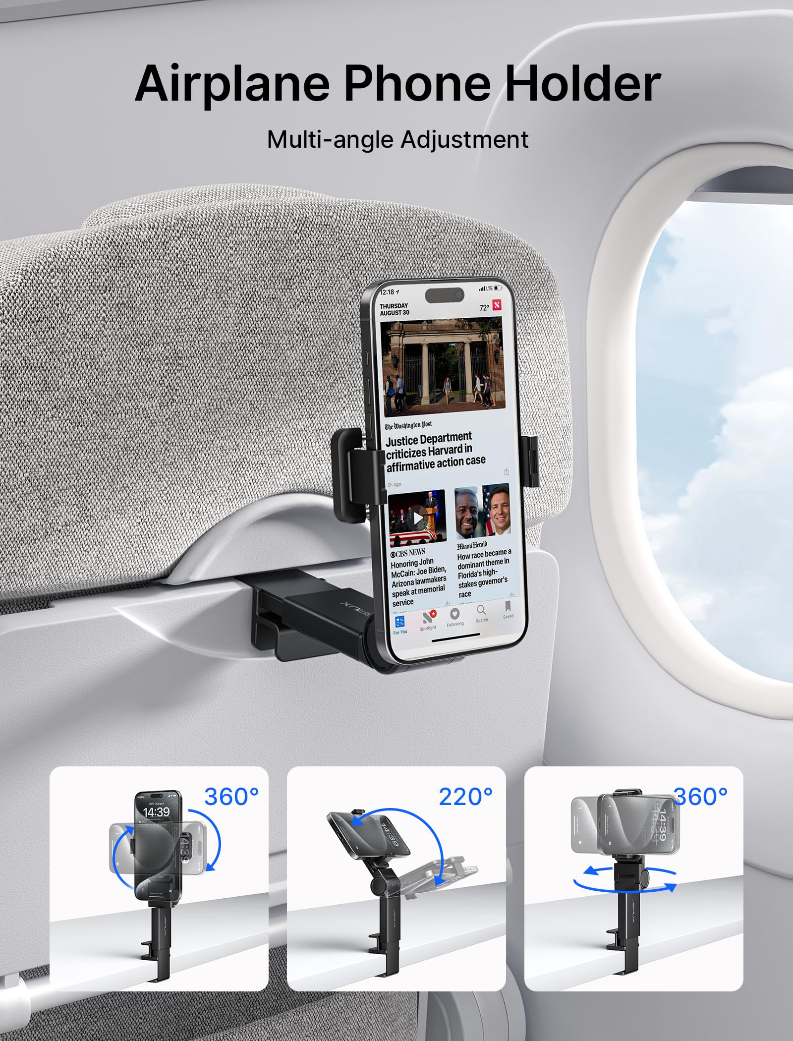 JSAUX 360° Airplane Phone Holder - Universal In-Flight Mount for Hands-Free Travel