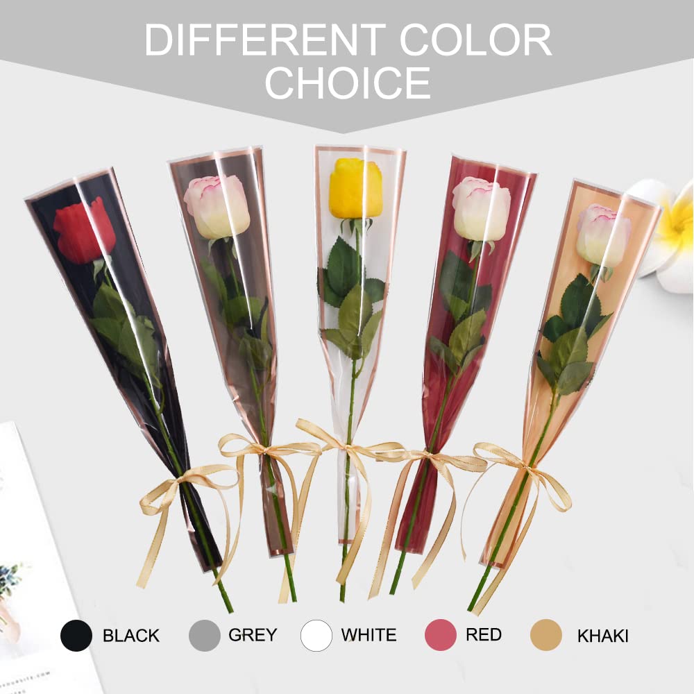 BEISHIDA 50 PCS Plastic Single Rose Sleeve Bouquet Bags - Flower Wrapping Packaging for Valentine's Day, Wedding, Birthday, Graduation, Father's Day (White with Champagne Edging) | Perfect for Floral Arrangements, Gift Wrapping, and Party Decorations