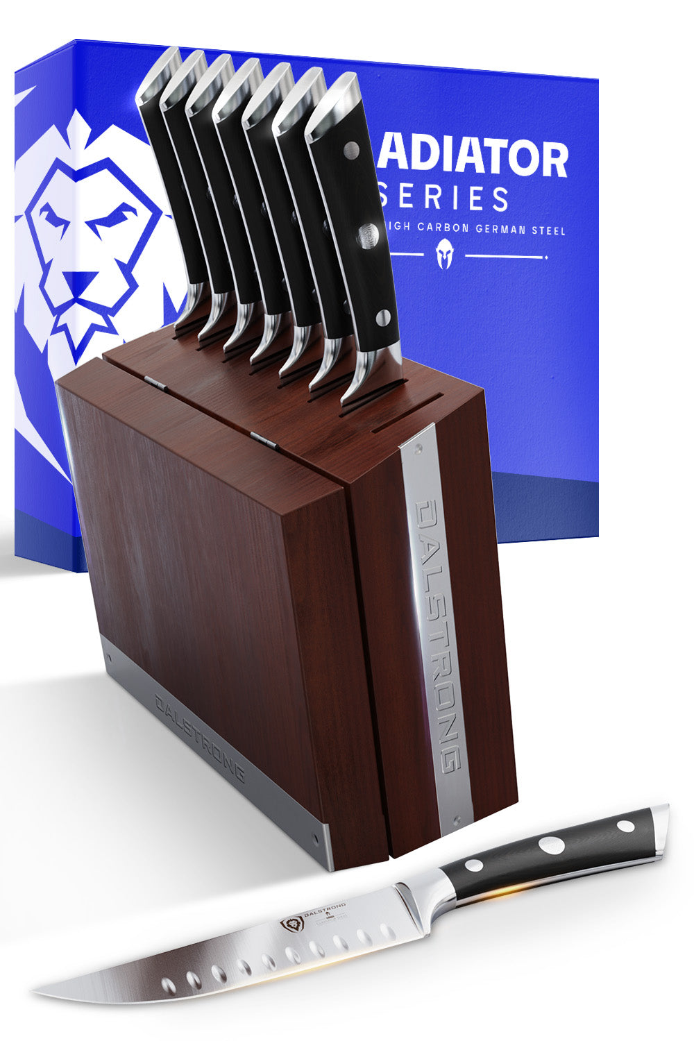 Premium 8-Piece Steak Knife Set with Wooden Storage Block - Gladiator Series by Dalstrong - Perfect for Steak Dinners, BBQ Parties & Kitchen Gifting