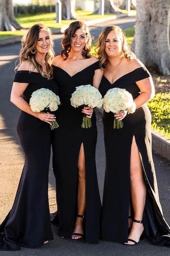 Elegant Black Satin Off Shoulder Mermaid Bridesmaid Dress with High Slit - Perfect for Weddings, Prom & Formal Events
