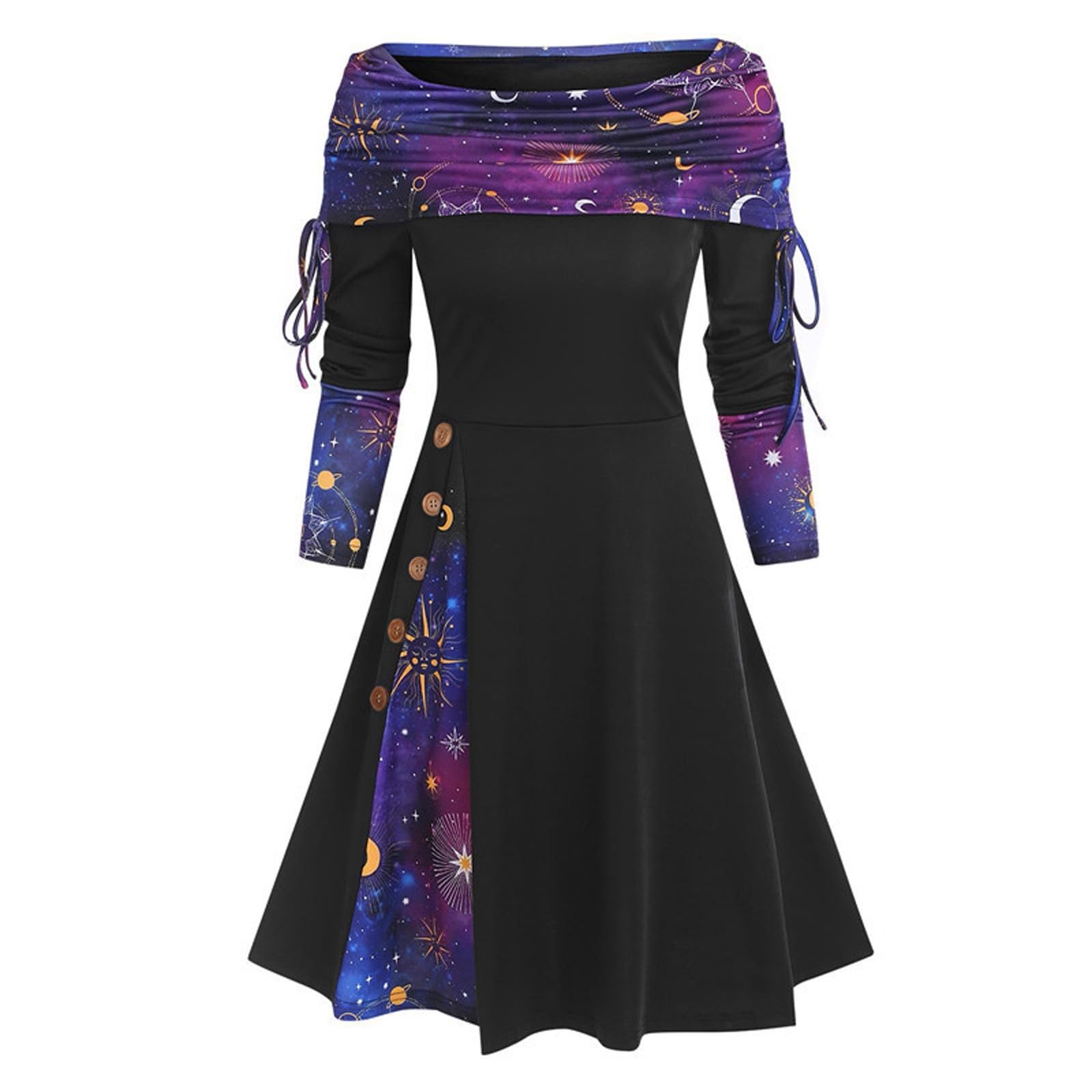 2024 Women's Fall Convertible Neck Striped Flare A-Line Dress - Long Sleeve Cinched Waist Christmas Party Dress for Holiday Gatherings & Office Wear