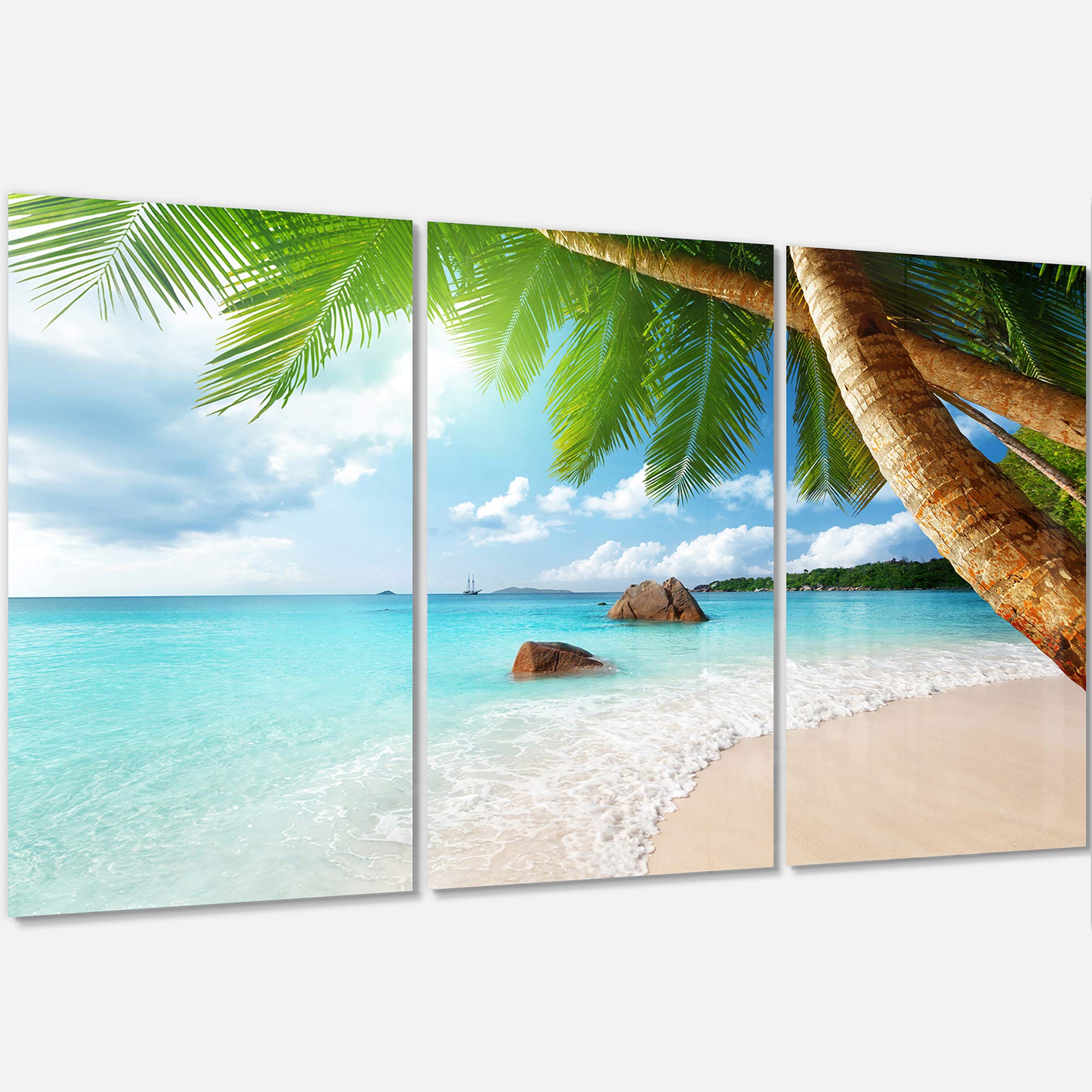 Designart MT9399-3P Praslin Island Seychelles Beach Seashore Landscape Photo Metal Wall Art Decor - 3 Panel Canvas Print, 28x36 Inches, Green - Perfect for Living Room, Bedroom & Office Wall Decor