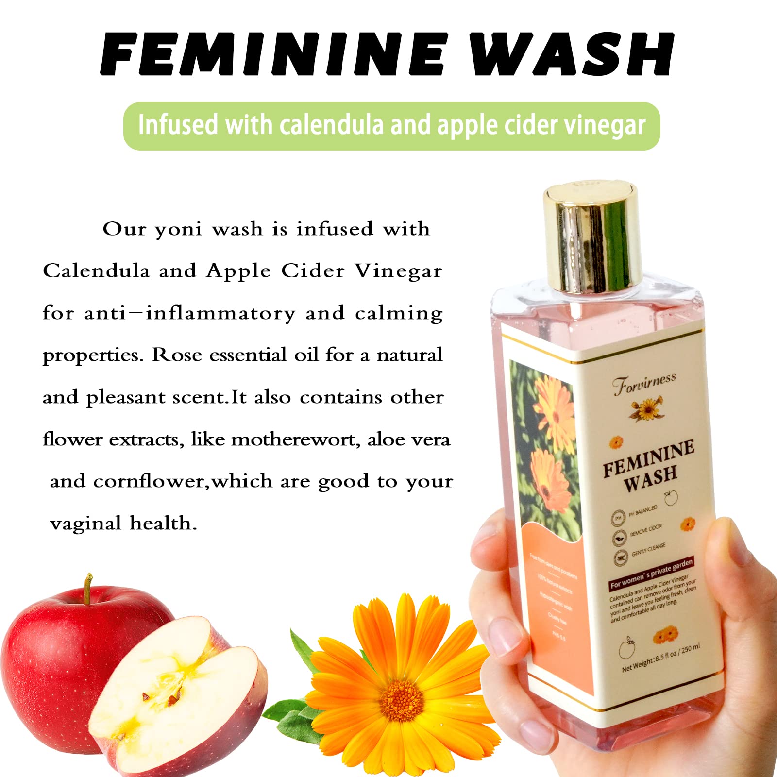 Organic Feminine Wash for Sensitive Skin | pH Balanced Intimate Cleanser with Calendula & Apple Cider Vinegar | Gynecologist Approved Vaginal Wash for Odor Control & Hygiene | 8.5 fl.oz | Perfect for Daily Use, Post-Workout & Travel