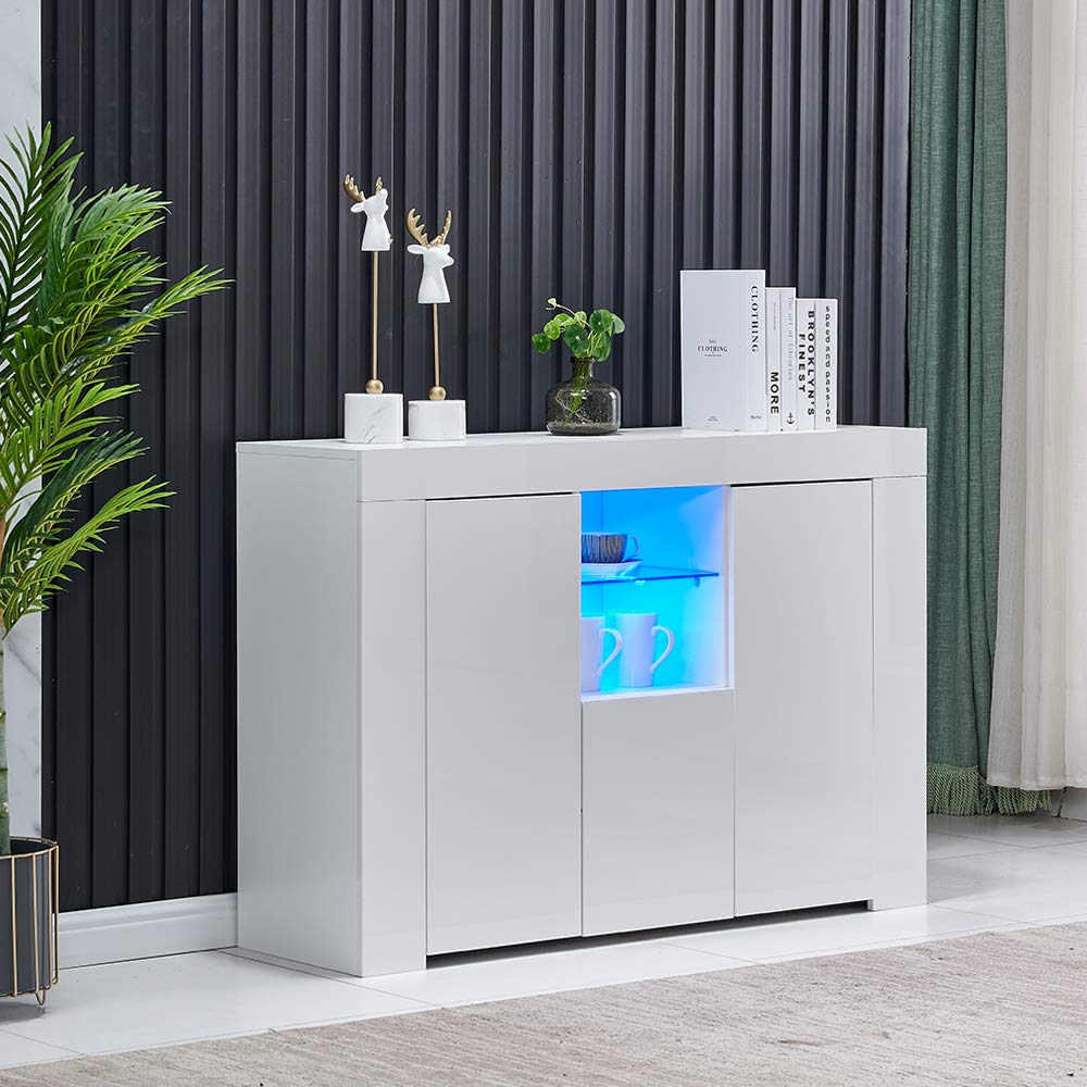 White Sideboard Storage Cabinet - High Gloss Kitchen Cupboard with LED Lights, Modern Floor Standing Display Buffet Table for Living Room, Hallway, Dining Room & Bedroom - Perfect for Home Organization & Stylish Storage Solutions