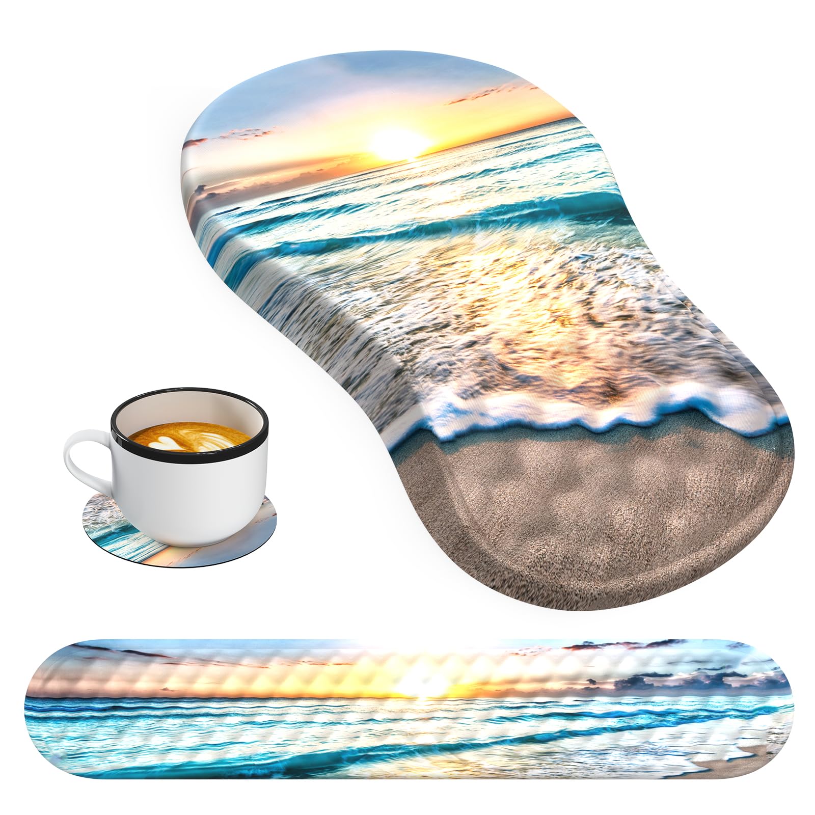 Ergonomic Mouse Pad with Wrist Rest - Comfortable Keyboard Wrist Support Pad Set for Office, Laptop & Computer - Reduce Wrist Pain for Long Hours Typing & Gaming (Beach Design)