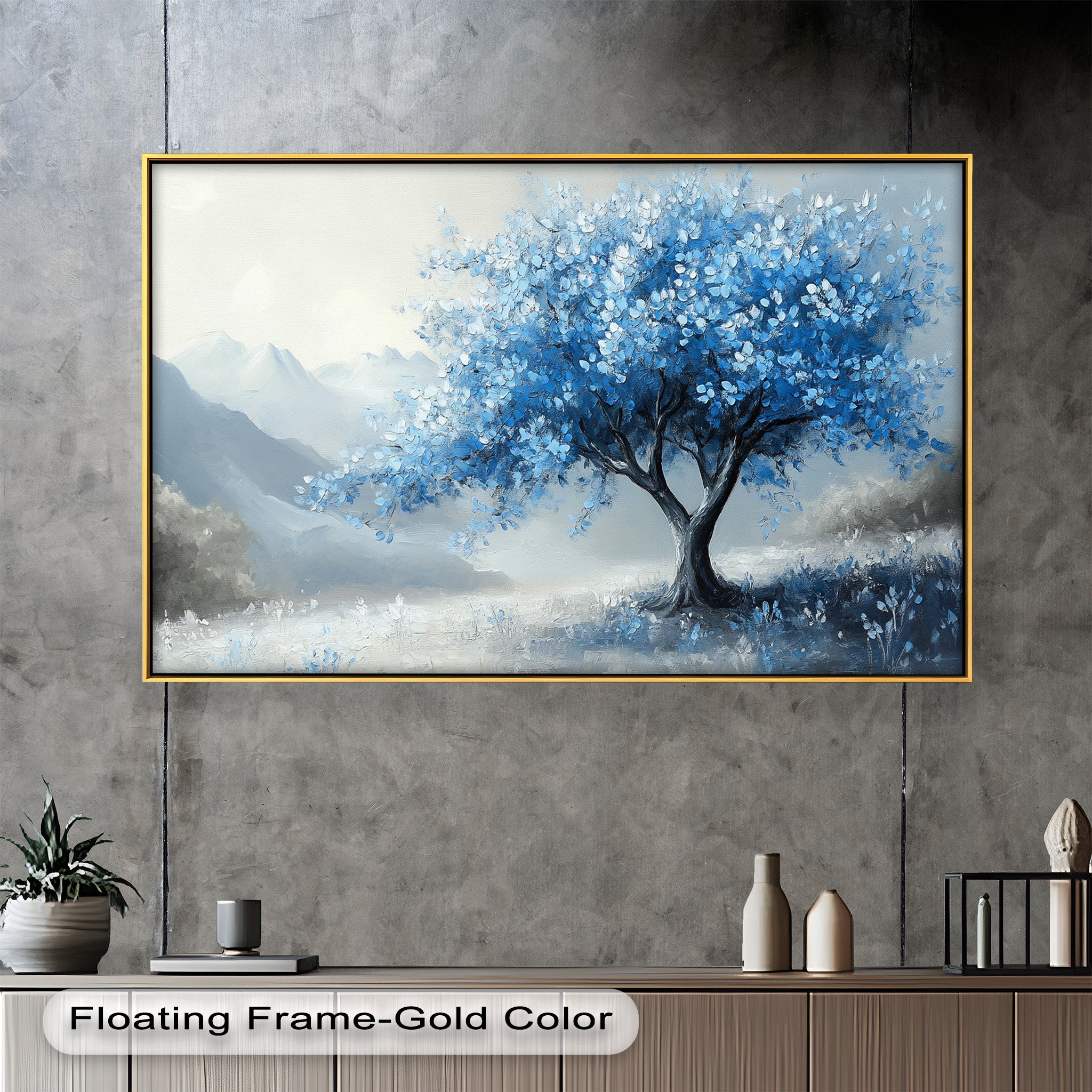 Blue Tree Landscape Oil Painting - Handmade Canvas Art for Home & Office Decor, Living Room Wall Art, Gift Idea