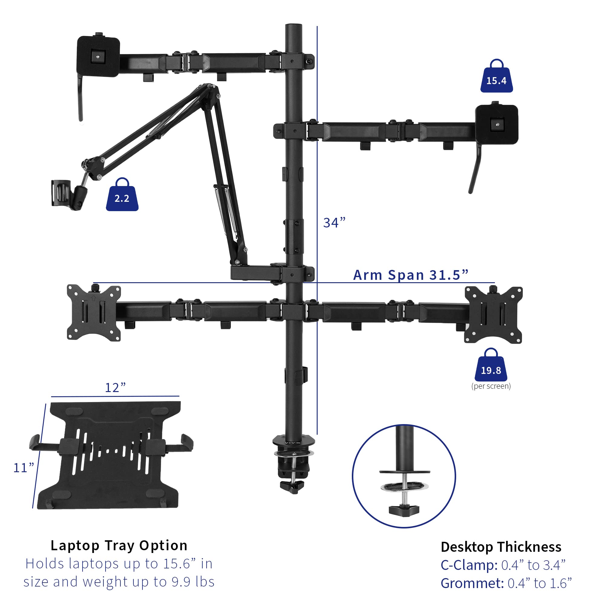 VIVO All-in-One Computer Studio Desk Mount with Mic Boom, Dual Monitor Stand for 32 inch Screens, Laptop Holder & Livestream Arms - Compatible with Cameras, Lights, Phone/Tablet Adapters (STAND-LIVE2L) - Perfect for Home Office, Gaming Setup & Content Creation Studio