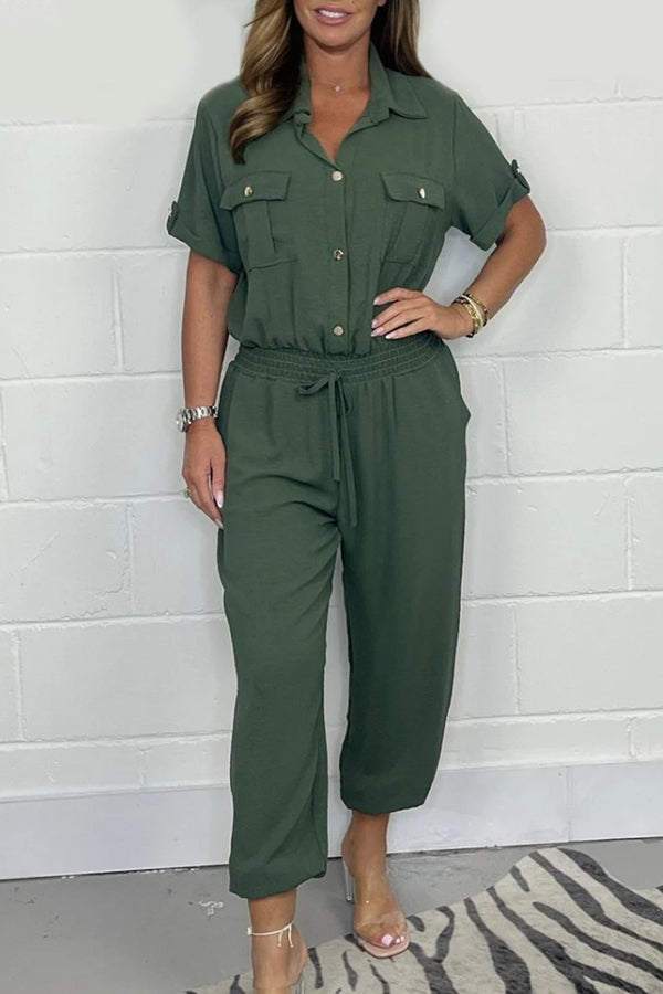 Solid Color Lapel Short Sleeve Casual Pocket Loose Jumpsuit for Women - Summer Beach Wear, Vacation Outfit & Everyday Comfort