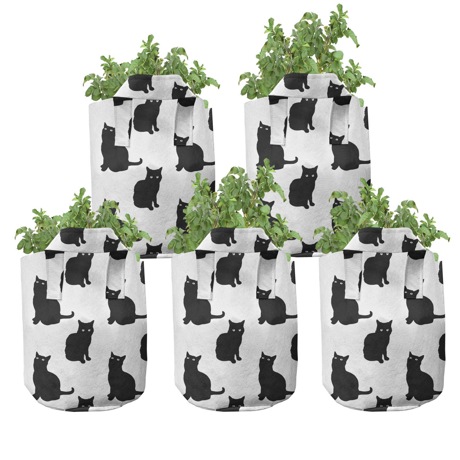Ambesonne 5-Pack Cat-Themed Grow Bags - Heavy Duty 5 Gallon Fabric Plant Pots with Handles, Playful Black Kitten Design (Black & White) - Perfect for Indoor/Outdoor Gardening, Balcony Plants & Cat Lovers