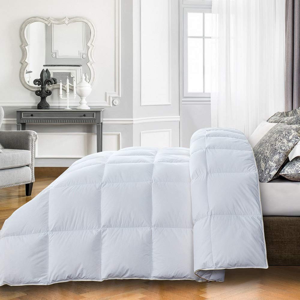 Premium 750+ Fill Power All Seasons Goose Down Comforter - Hypoallergenic 100% Cotton Shell with Down Proof Tabs - Queen Size White Duvet Insert for Bedroom Luxury (28oz, 1000 Thread Count) - Perfect for Master Bedrooms, Guest Rooms & Cozy Winter Nights