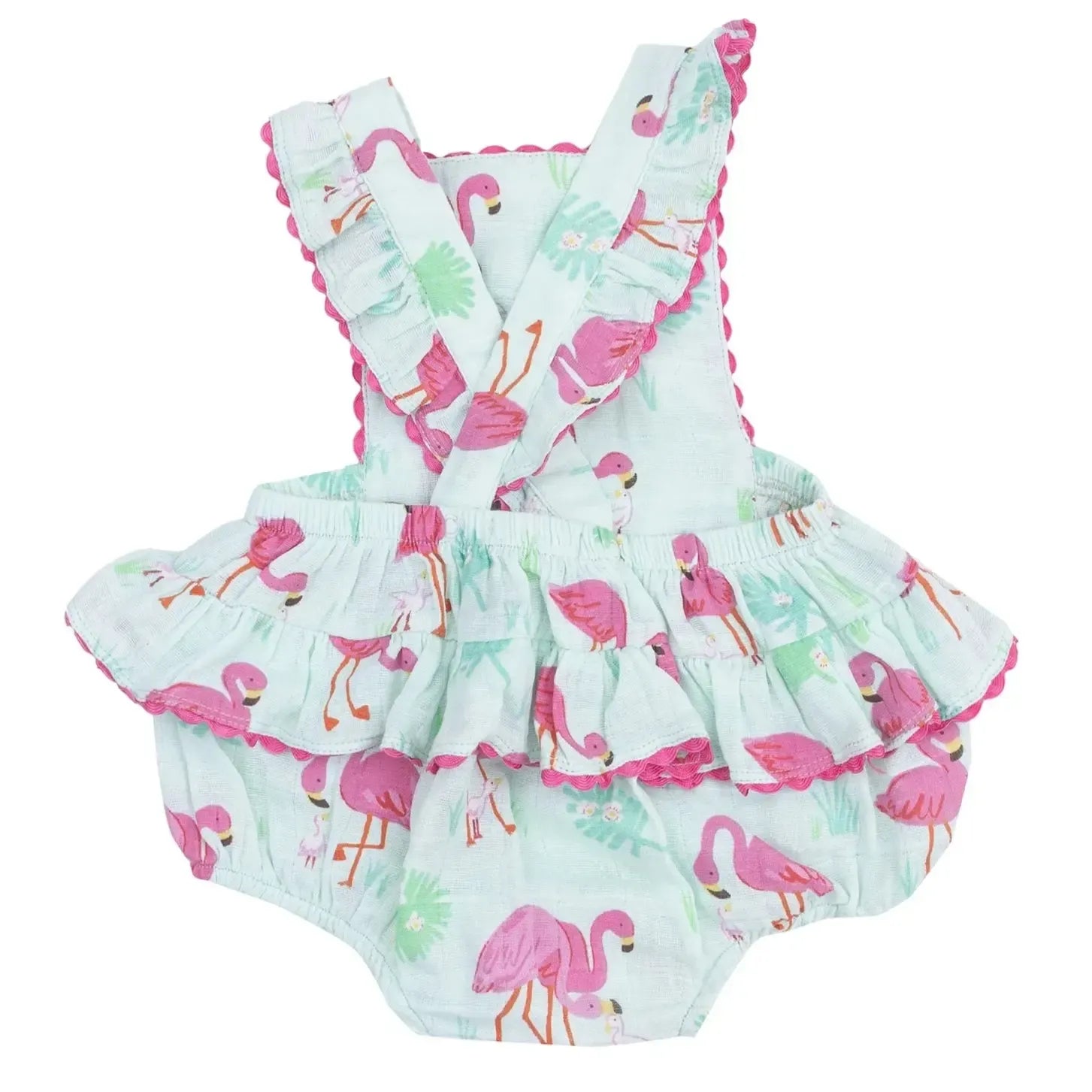 Angel Dear Organic Ric Rac Ruffle Sunsuit - Flamingo Print Baby Romper for Girls | Soft Cotton One-Piece Outfit for Summer, Beach, and Photo Shoots