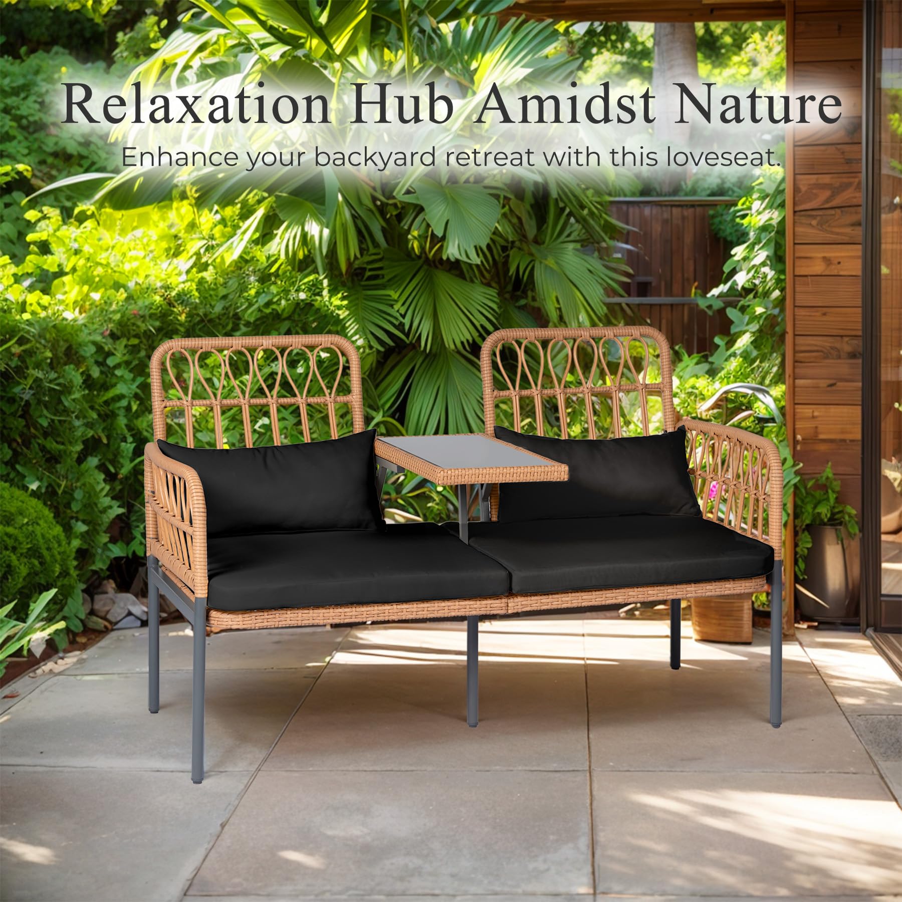 PROHIKER Outdoor Rattan Loveseat 2-Seater with Built-in Table & Cushions - All-Weather Wicker Patio Furniture Set with Lumbar Pillows - Perfect for Balcony, Porch, Garden, Backyard & Poolside Relaxation