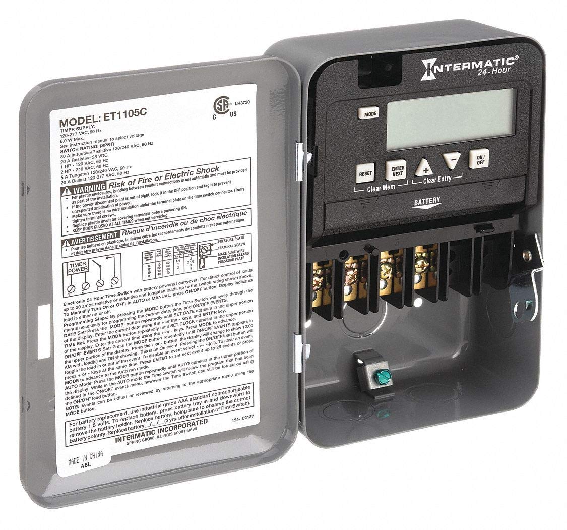 Intermatic ET1105C 30-Amp Gray Time Switch - 1-Circuit Heavy Duty Timer for Outdoor Lighting, Pool Pumps & HVAC Systems