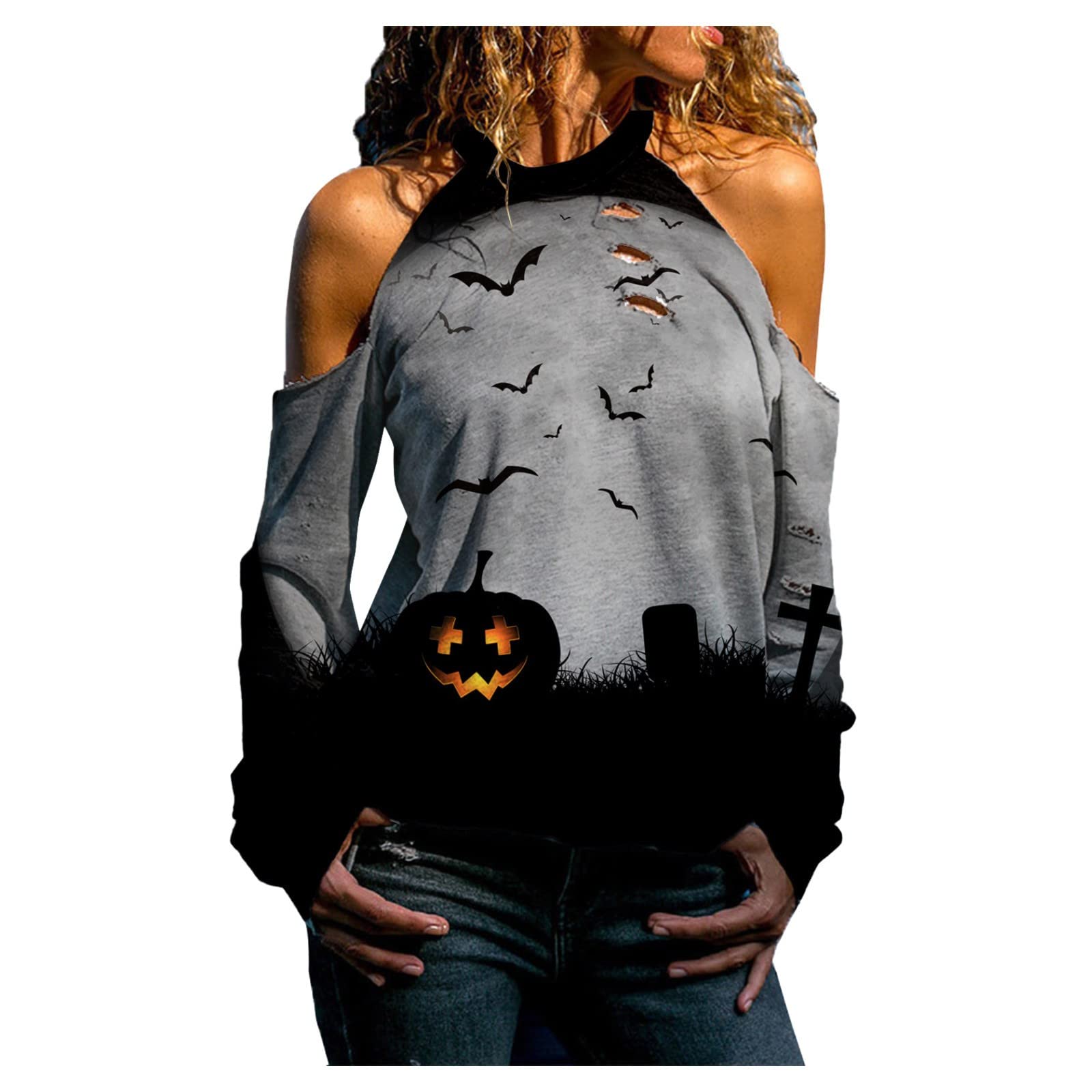 Women's Off Shoulder Halloween Blouse - Long Sleeve Hollow Out Casual Top for Women | Perfect for Costume Parties, Night Out & Fall Fashion