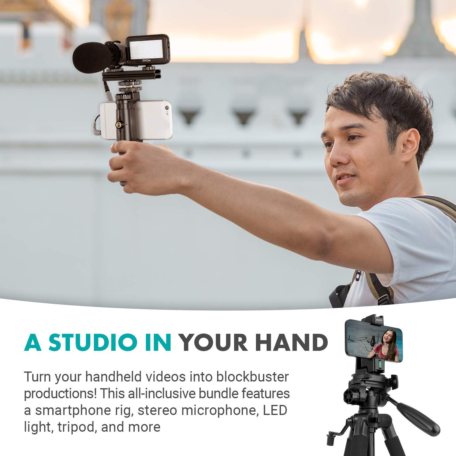 Professional Movo Smartphone Vlogging Kit with Shotgun Mic, LED Light & Tripod - Compatible with iPhone & Android - Perfect for YouTube, TikTok & Live Streaming