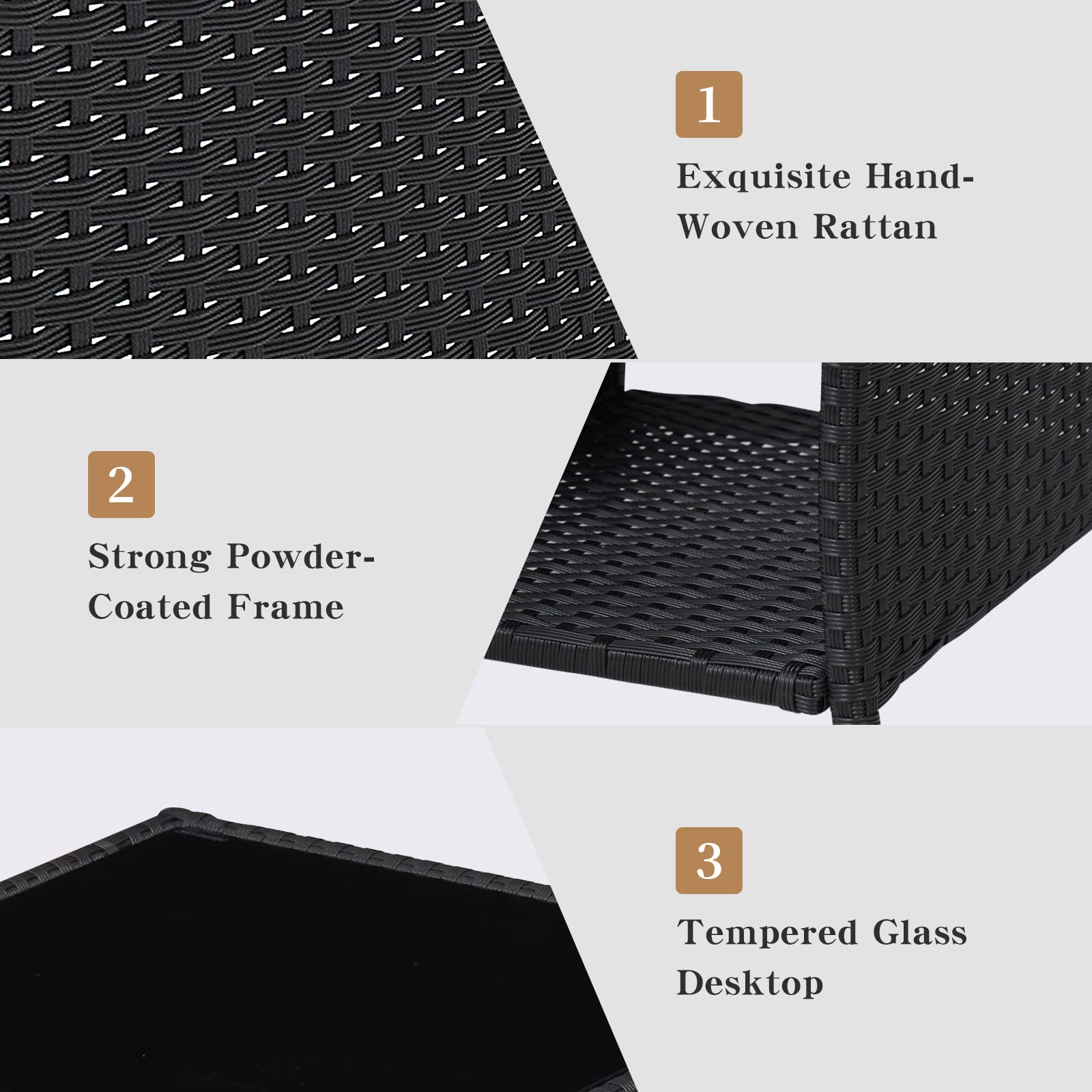 Black Wicker Rattan Side Table with Glass Top - Outdoor Patio Garden Furniture