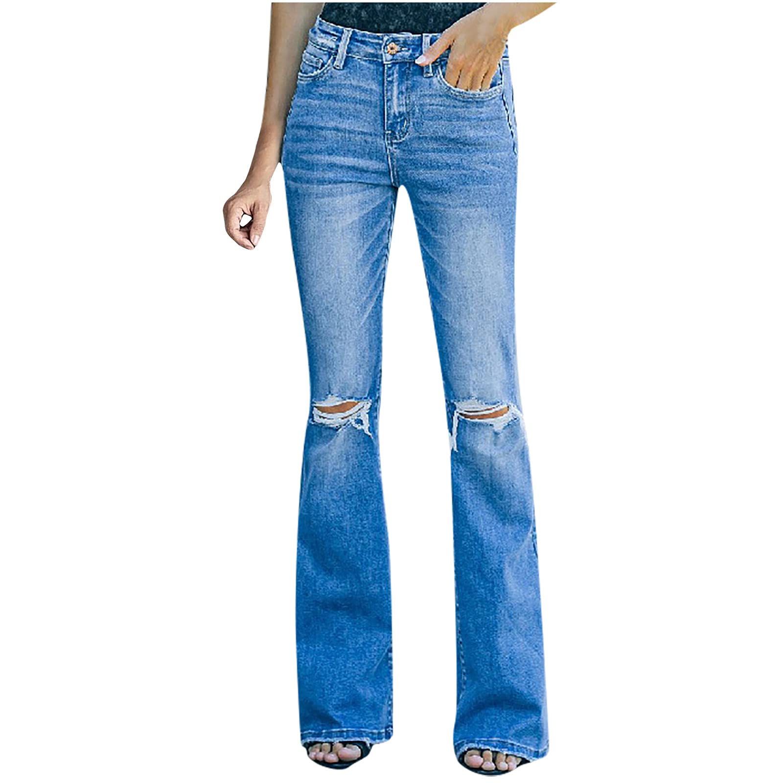 Women's Ripped Bootcut Jeans - Vintage Distressed Flare Denim Pants with Destroyed Holes | High Waist Bell Bottom Jeans for Casual Outfits & Retro Style
