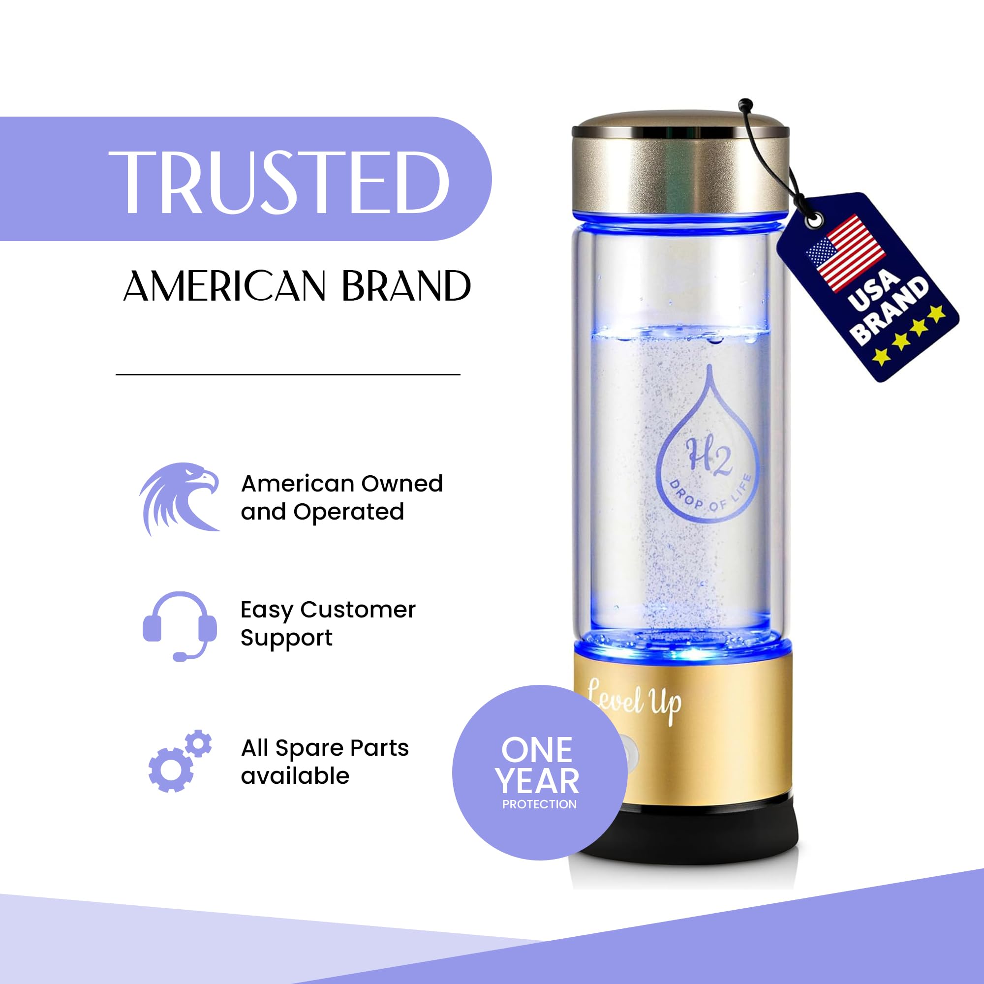 LevelUpWay 2025 Hydrogen Water Bottle Generator - SPE PEM Ionic Membrane Technology - 13oz High Borosilicate Glass Bottle (Gold) - Premium Alkaline Hydrogen Water Maker for Home, Office, Gym & Travel Hydration