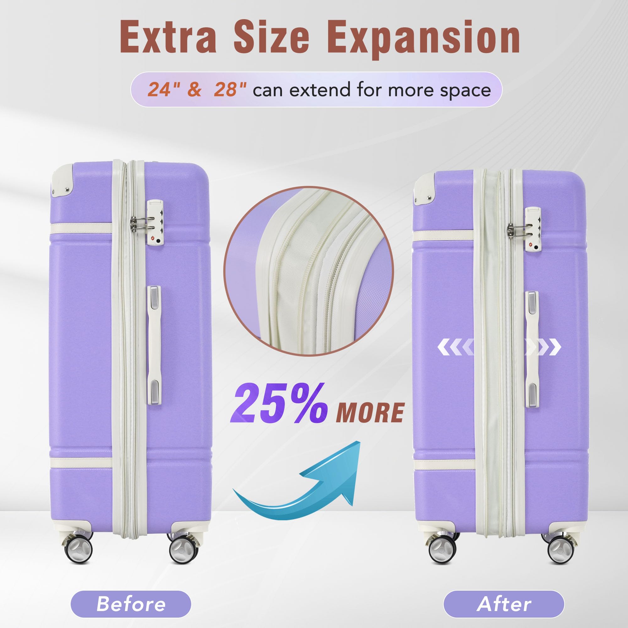 Merax 3-Piece Expandable Spinner Luggage Set with Cosmetic Case - Vintage Purple Suitcase (20