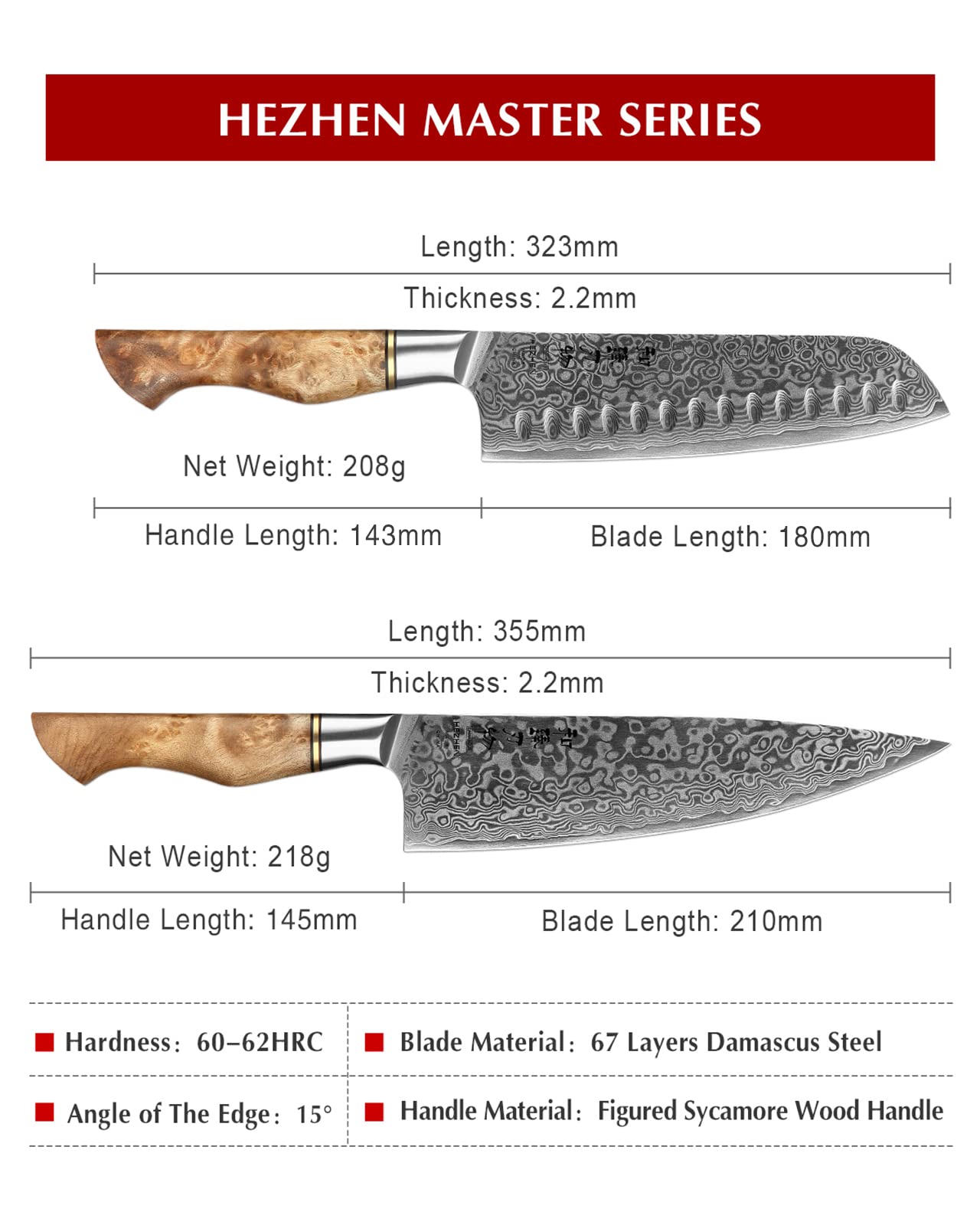 Premium Damascus Steel Kitchen Knives Set - Japanese Style Chef Knife, Utility Knife & Santoku Knife with Figured Sycamore Wood Handle - Perfect for Professional Chefs, Home Cooking & Gourmet Food Preparation