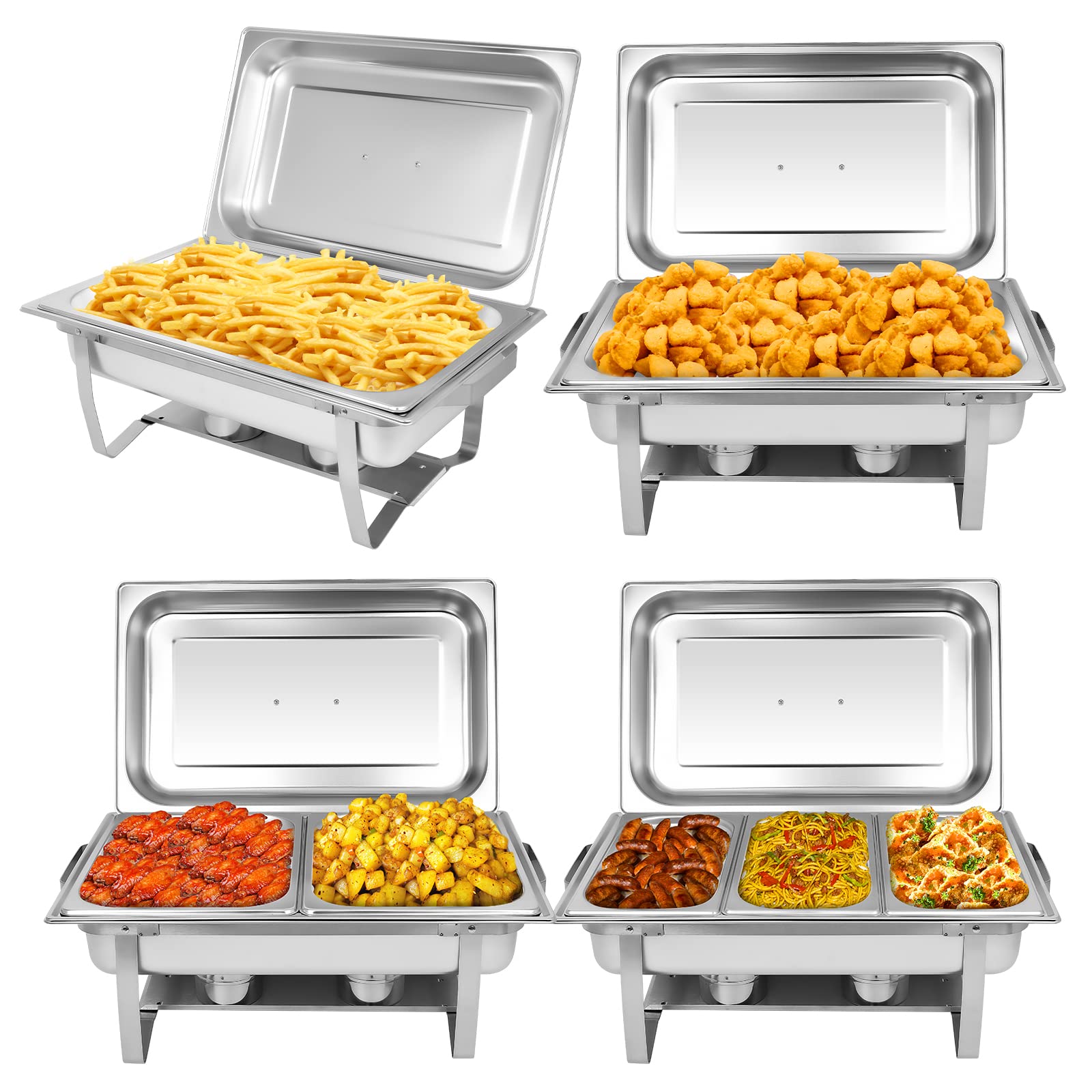 4-Pack Stainless Steel Buffet Chafing Dish Set - 8QT Catering Food Warmers with 7 Trays - Perfect for Weddings, Parties, and Buffet Serving