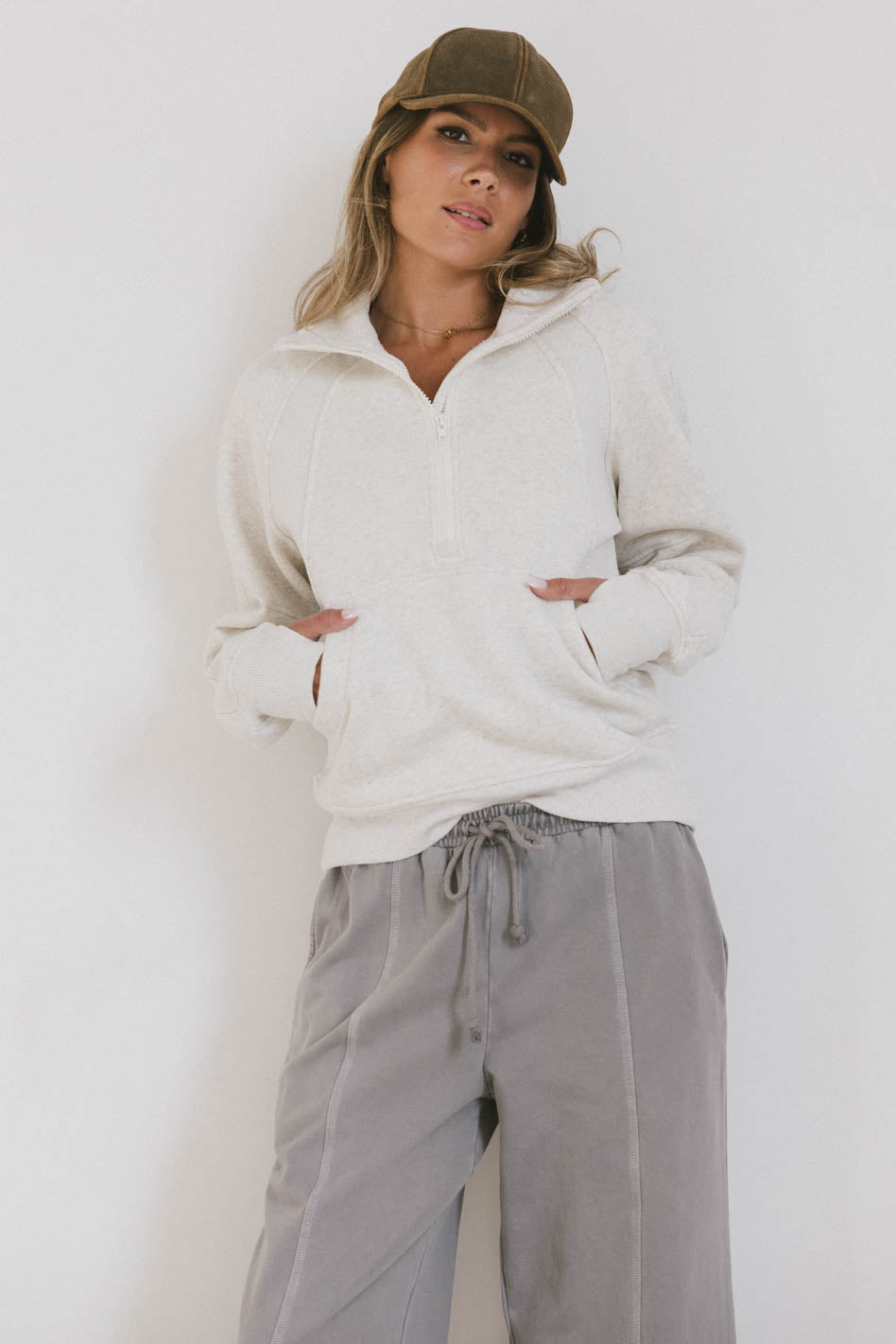 Krista Half Zip Sweatshirt in Bone - Women's Casual Pullover Fleece Top for Fall & Winter | Cozy Loungewear, Outdoor Activities & Layering