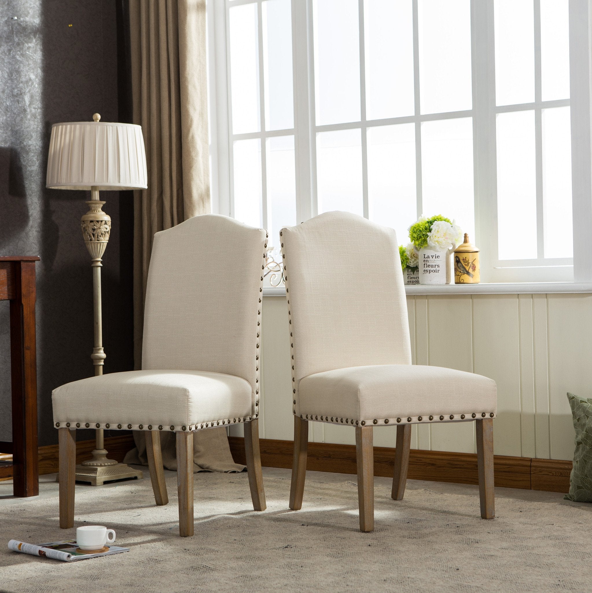 Roundhill Furniture Mod Urban Style Solid Wood Nailhead Fabric Padded Parson Dining Chairs, Set of 2 - Perfect for Kitchen, Dining Room & Home Office Seating
