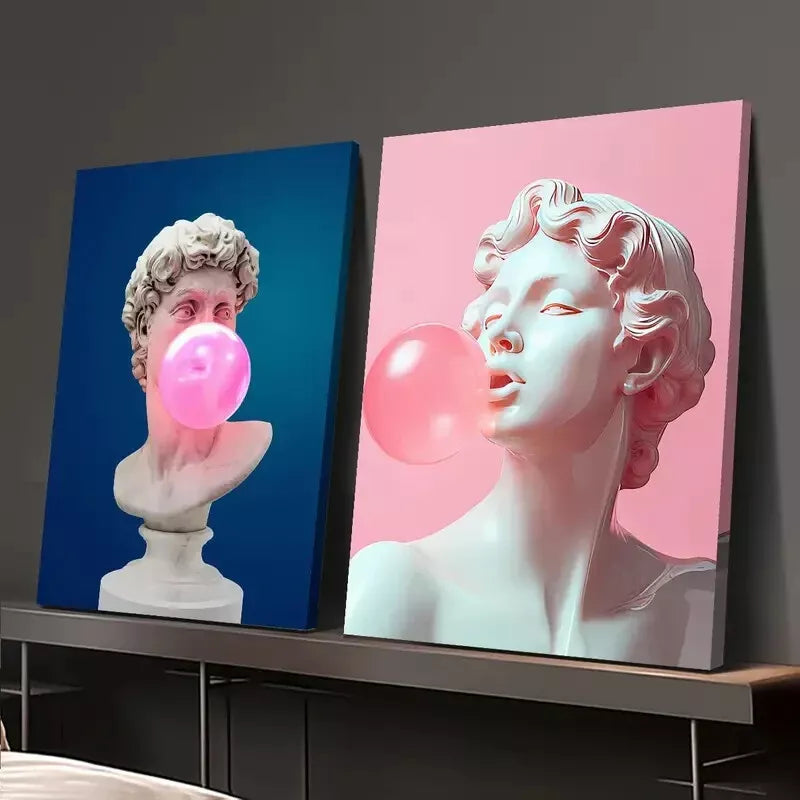 2pcs Whimsical David Bust & Pink Gum Bubbles Design Canvas Wall Art - 50x75cm Framed High Quality Print | 100% Australian Made | Ready to Hang | Perfect for Living Room, Bedroom & Office Decor