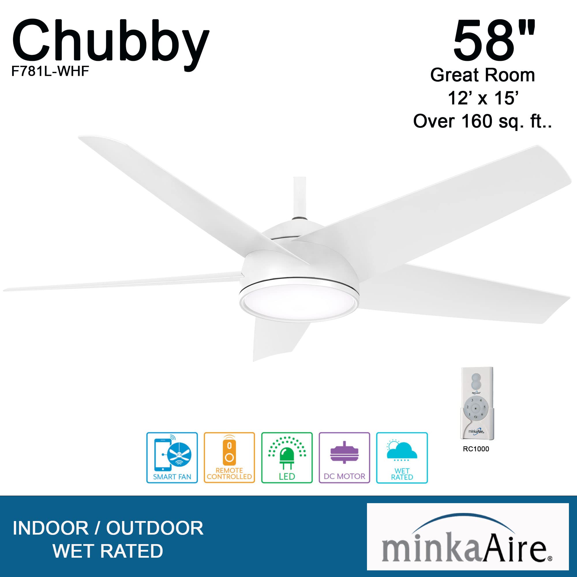 Minka Aire F781L-WHF 58 Inch Chubby Outdoor Ceiling Fan with LED Light and Remote Control, White - Perfect for Patio, Deck, and Covered Porch Cooling
