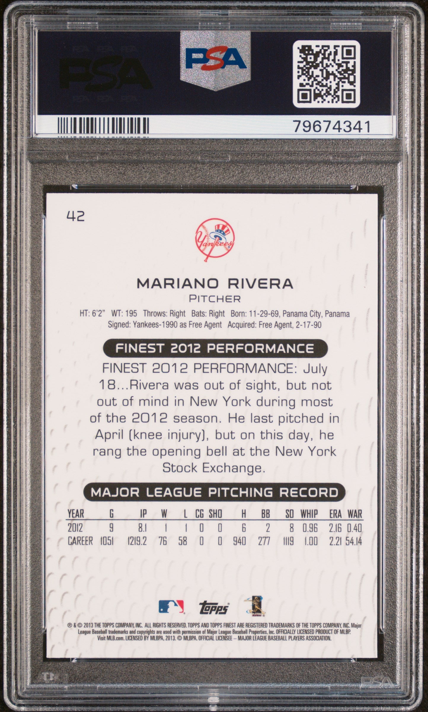 2013 Topps Finest Mariano Rivera #42 PSA 10 Gem Mint Baseball Card - Perfect for Collectors and Yankees Fans