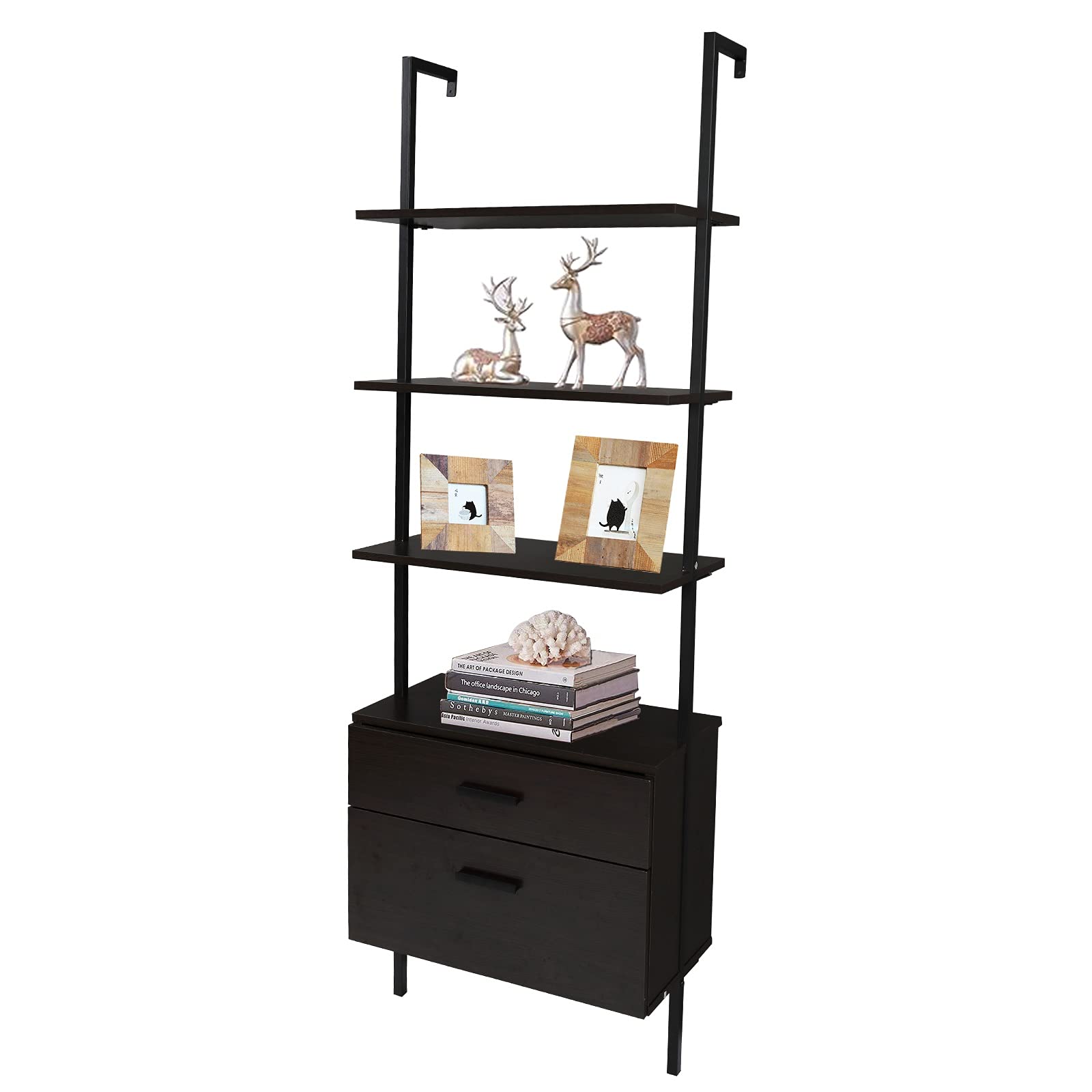 Modern Industrial Tall Bookcase Shelf - 5-Tier Storage Organizer with Wood Drawers & Matte Steel Frame for Living Room, Office, or Library | Stylish Bookshelf for Home Decor and Organization