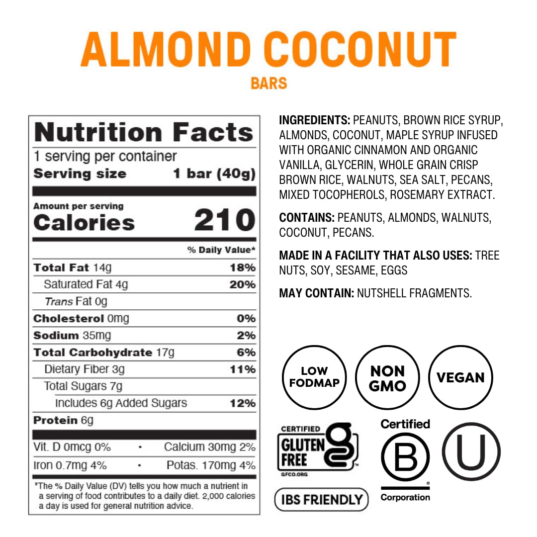 Fody Foods Vegan Protein Nut Bars - Almond Coconut Flavor, 6g Plant-Based Protein per Bar, Low FODMAP Certified, Gut-Friendly Snack for IBS & Digestive Health (12 Count) - Perfect for On-the-Go, Workouts & Healthy Snacking