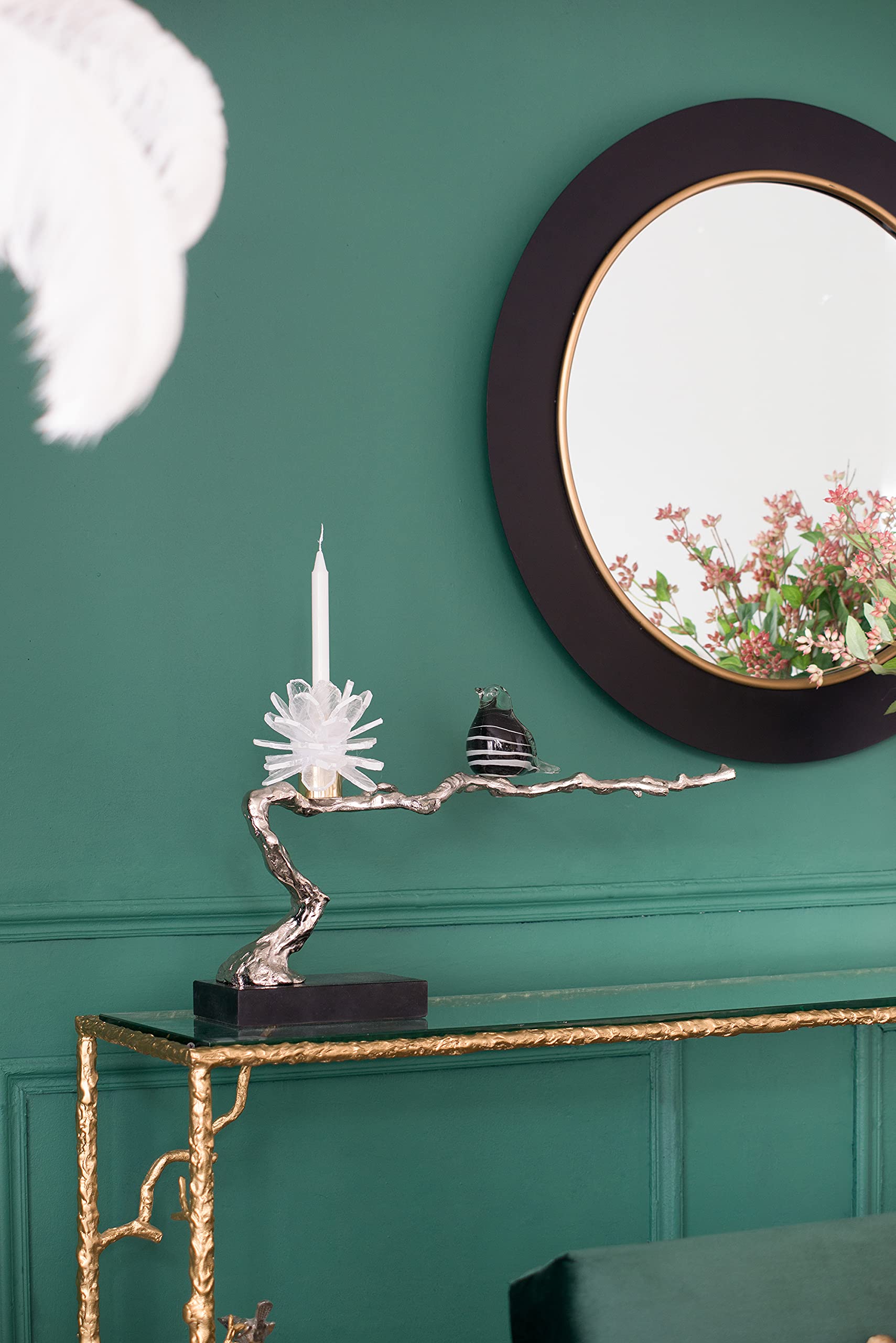A&B Home Aluminum Candle Holder with Marble Stand - Glass Bird & Selenite Flower Tree of Life Design - 25x5x10 Inch - Elegant Table Top Centerpiece for Living Room, Console Table, Entryway - Perfect for Home Decor, Wedding Centerpieces & Holiday Decorations