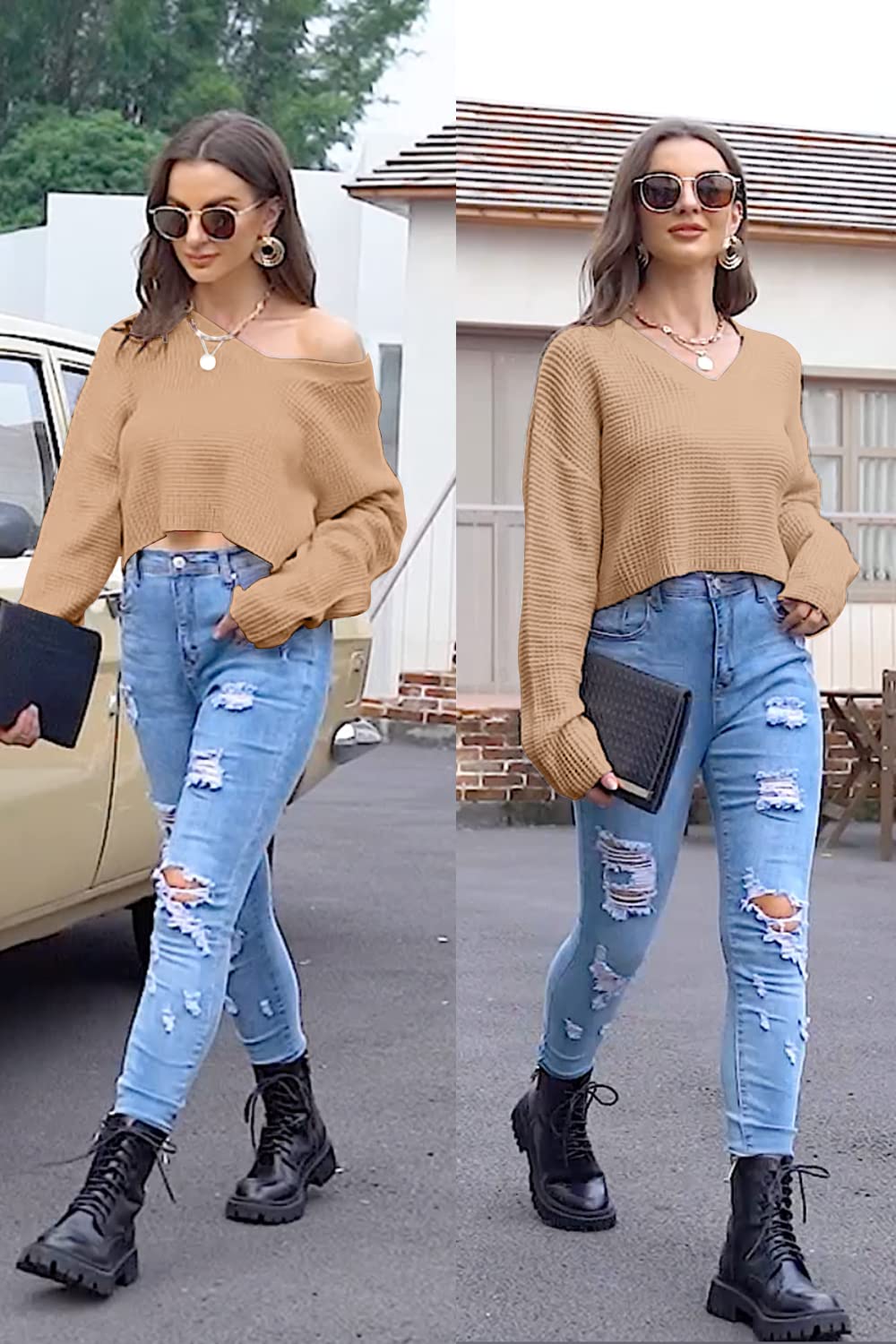 Women's V-Neck Waffle Knit Cropped Top Long Sleeve Pullover Sweater | Casual Fall Winter Layering Piece for Outfits