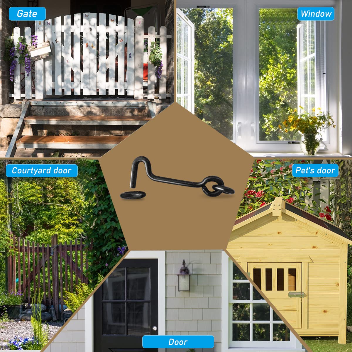 **5PCS 2.5 Inch Carbon Steel Storage Hooks - Rust-Resistant Door & Window Hooks for Shed, Closet, Gate, Cabinet - Ideal for Home, Garage & Outdoor Organization**