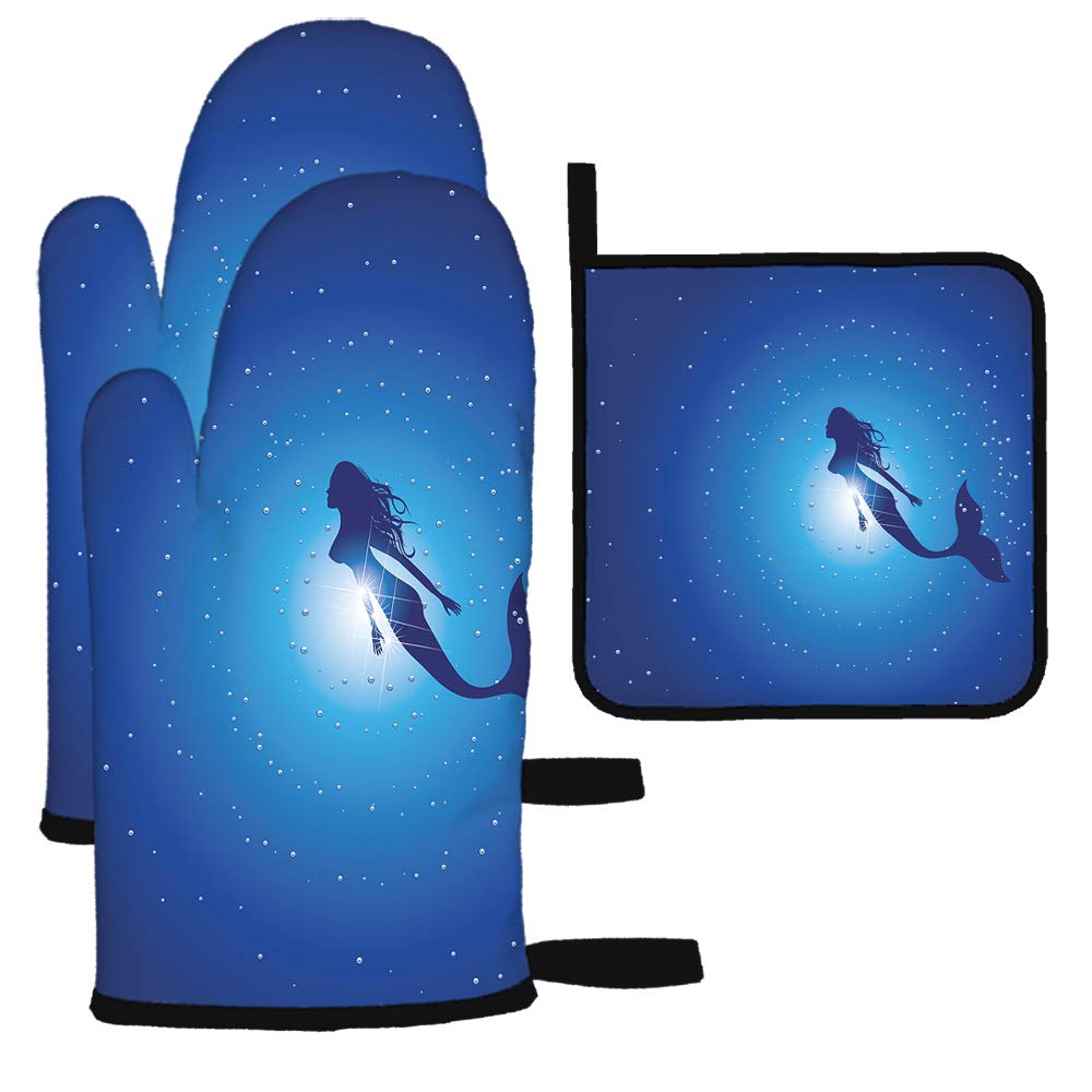 Heat Resistant Oven Mitts & Pot Holders - Mermaid Design with Ocean Theme for Kitchen, BBQ, Baking & Grilling - Perfect for Cooking, Baking, and Protecting Hands from Hot Pans