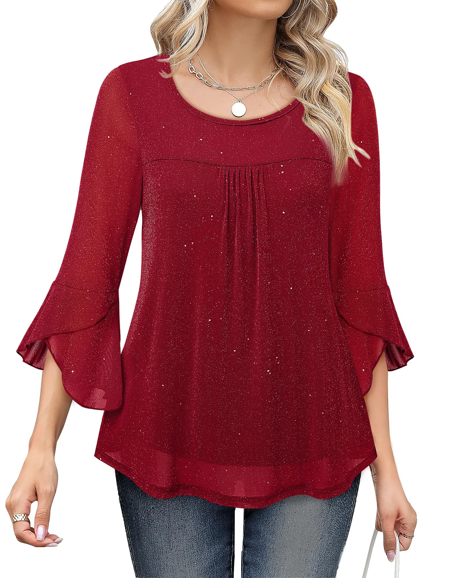 Bebonnie Women's Elegant Ruffle 3/4 Sleeve Crew Neck Blouse - Double Layer Mesh Tunic Top for Office, Party & Special Occasions