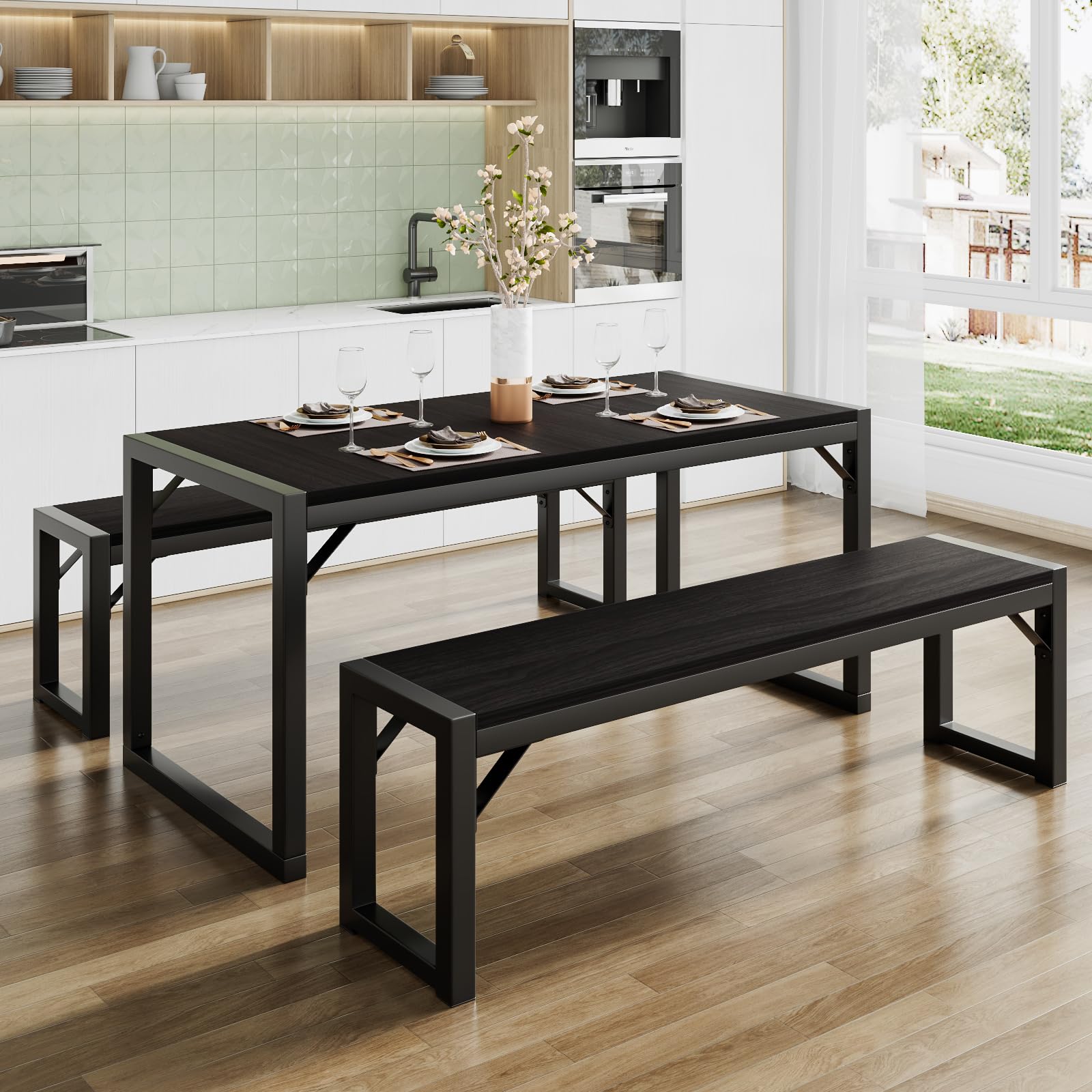 Rustic SHA CERLIN 4-Piece Kitchen Dining Table Set with Benches - Heavy Duty Metal Frame, Space-Saving Design for Small Kitchens & Apartments | Perfect for Breakfast Nooks, Cozy Dining & Compact Living Spaces
