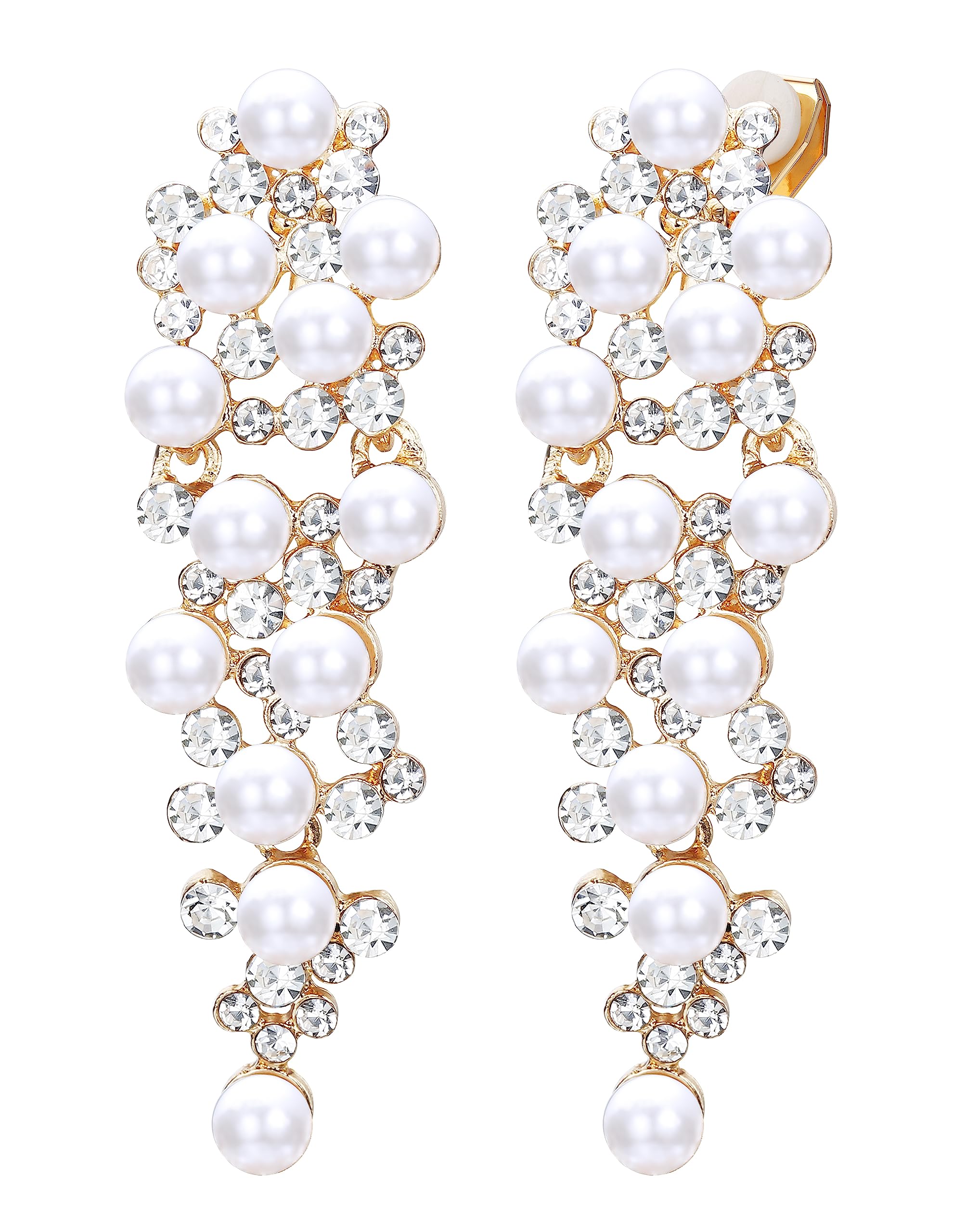 Elegant Silver Drop Pearl Clip-On Earrings for Women – Long Dangle Bridal Jewelry for Weddings, Parties & Special Occasions