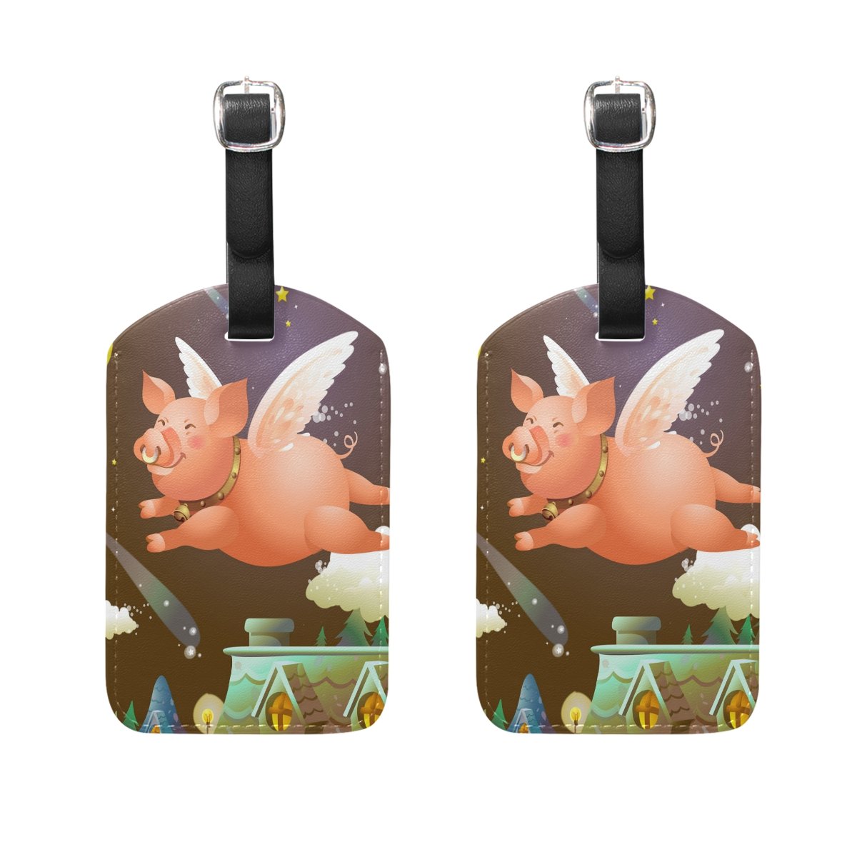 Premium PU Leather Luggage Tags - 2 Pack Flying Pig Design for Suitcases, Bags & Travel Accessories | Durable ID Tags for Easy Identification at Airports & Hotels