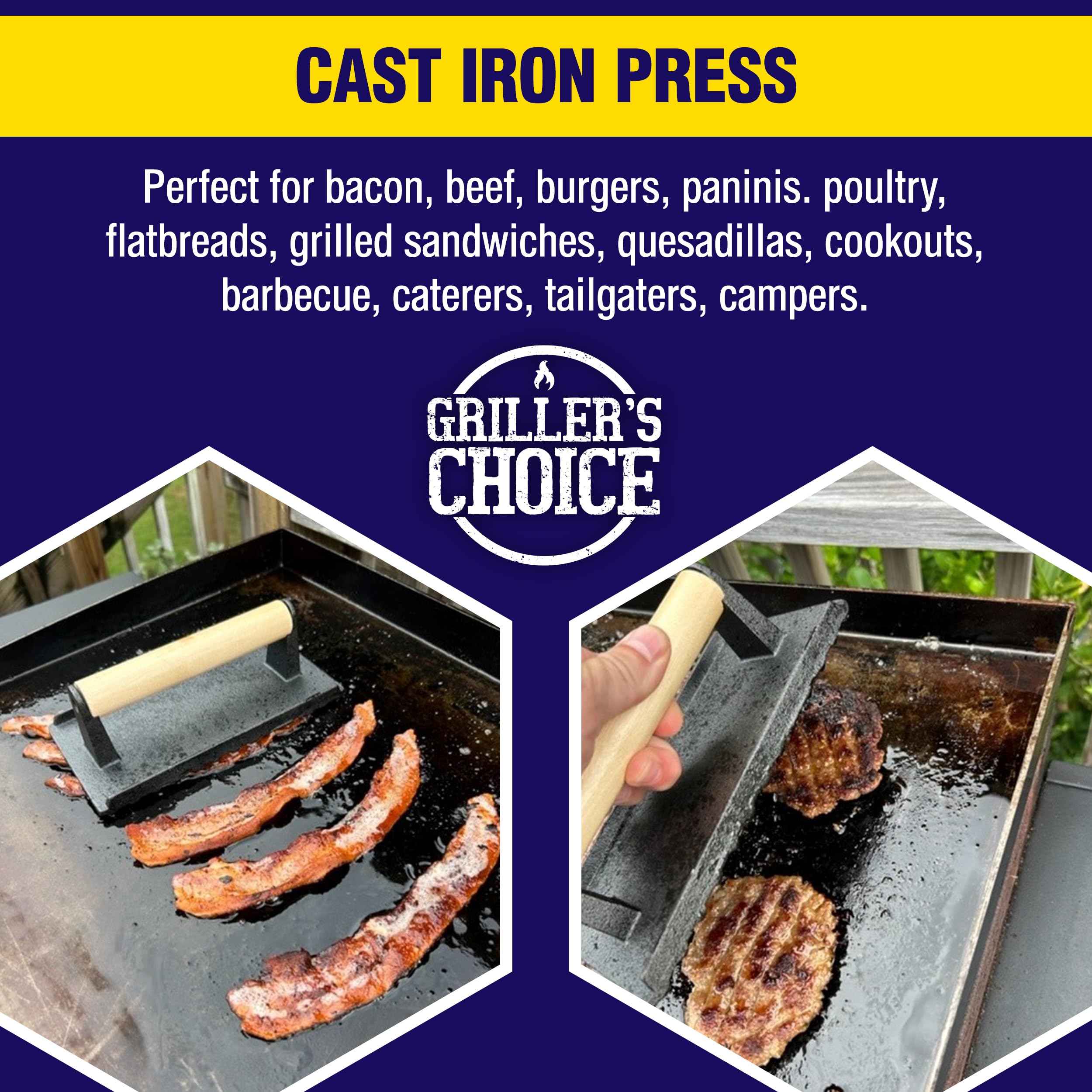 Premium Cast Iron Bacon Press & Grill Press 2-Piece Set - Heavy Duty Meat Press, Hamburger Smasher for Grilling, Griddle Cooking & BBQ - Perfect for Chefs, Home Cooks & Outdoor Enthusiasts (Ideal for Burgers, Steaks, Paninis & Breakfast Cooking)