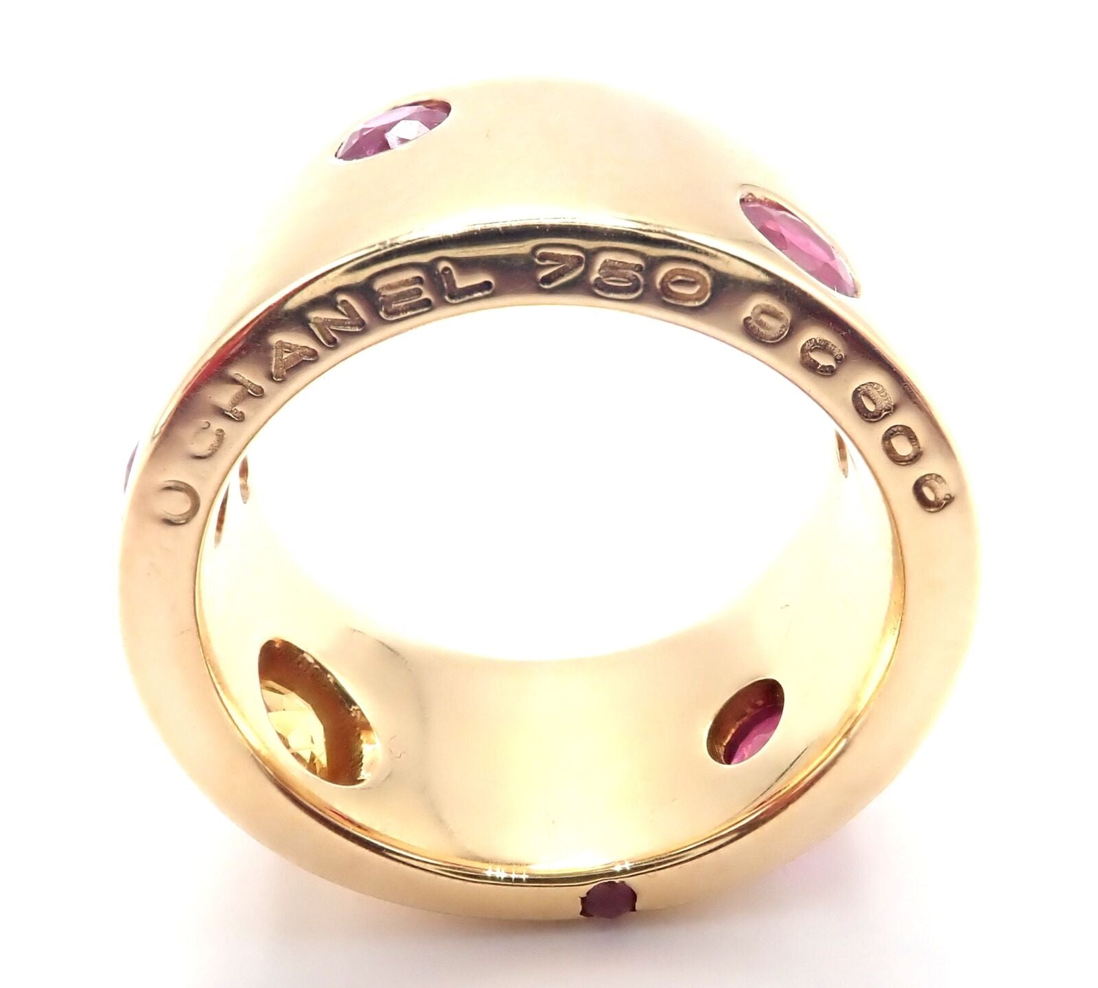 Authentic Chanel 18k Yellow Gold Ruby & Yellow Sapphire Wide Band Ring - Size 5 | Luxury Fashion Jewelry for Women, Perfect for Weddings, Parties & Special Occasions