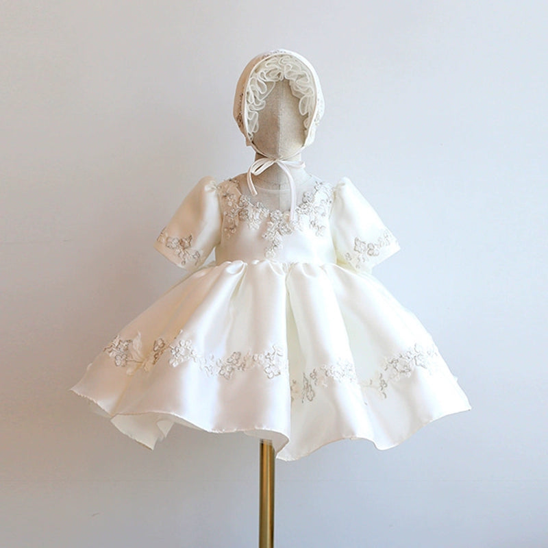 White Princess Round Tea Length Satin Flower Girl Dress - Perfect for Weddings, Birthday Parties & Special Occasions
