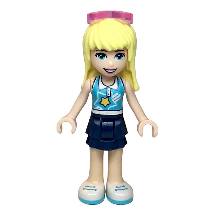 LEGO Friends Stephanie Minifigure with Dark Blue Layered Skirt, Medium Azure & White Top - Sunglasses Included | Perfect for LEGO Friends Collections & DIY Playsets