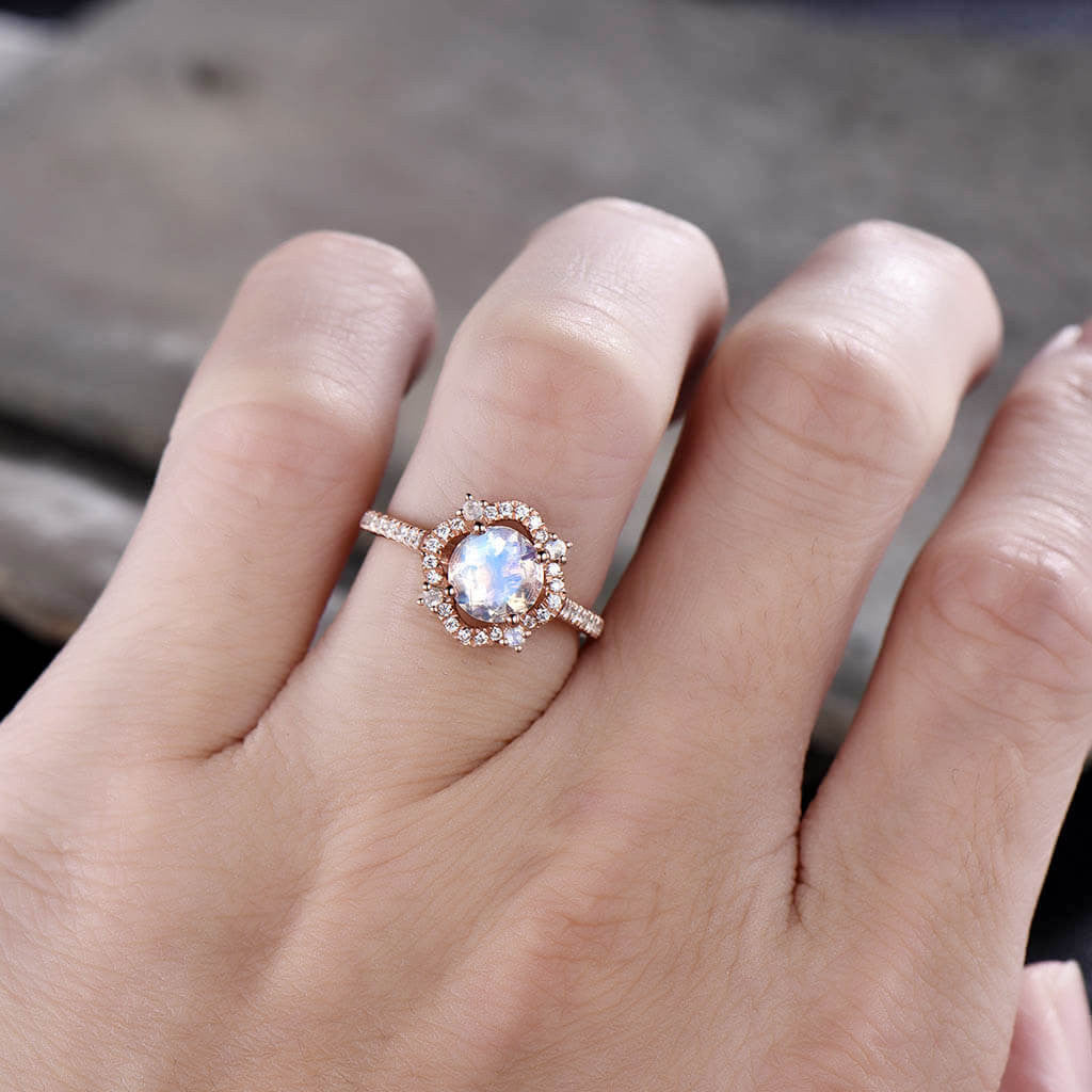 Exquisite Cordelia Moonstone & Diamond Engagement Ring with Milgrain Detailing - Perfect for Proposals, Weddings & Anniversary Gifts