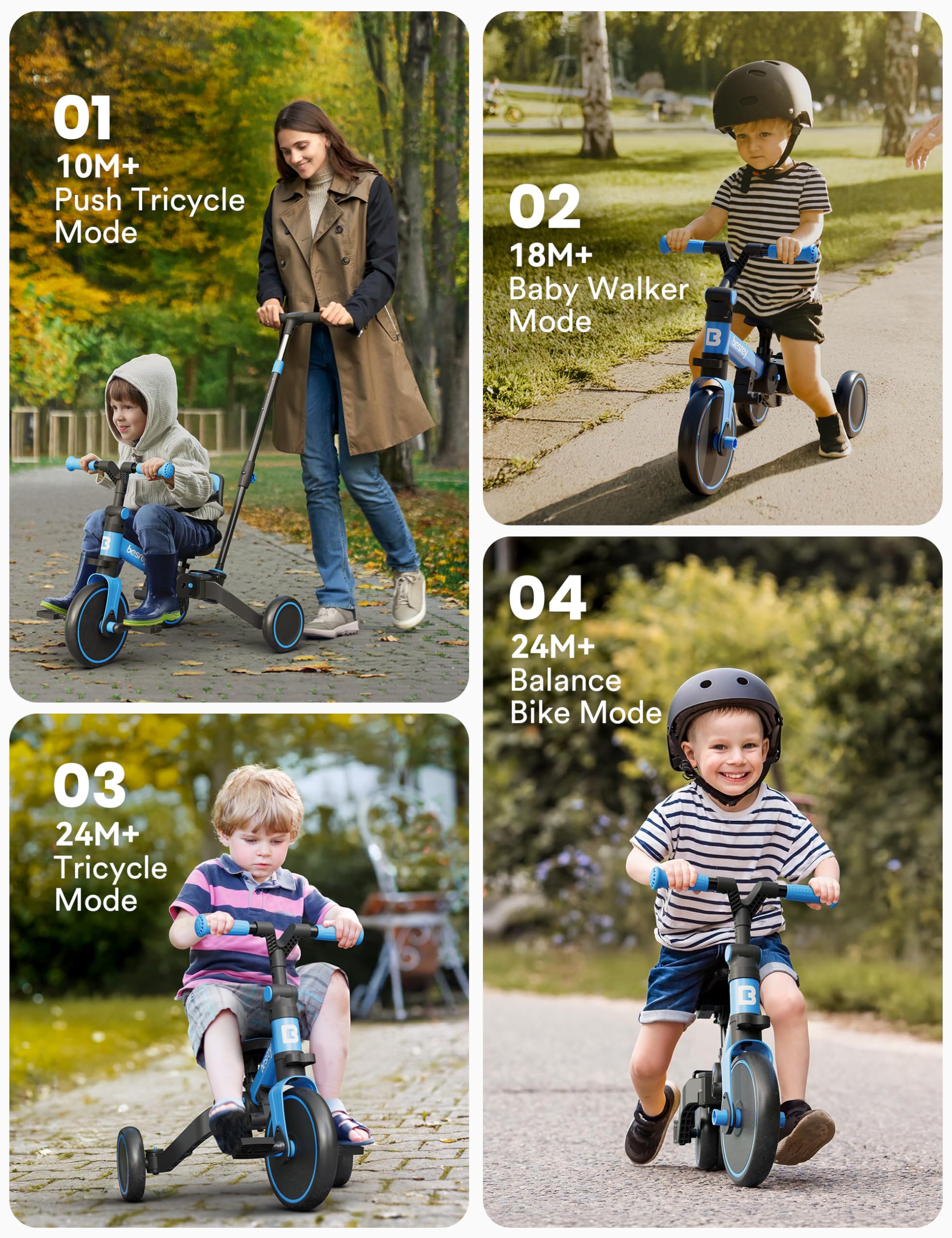Besrey 5-in-1 Toddler Bike for 1-3 Year Olds - Convertible Tricycle with Push Handle, Adjustable Backrest & Safety Belt - Perfect Balance Bike & First Birthday Gift for Boys & Girls - Ideal for Indoor Play, Outdoor Learning & Developing Motor Skills