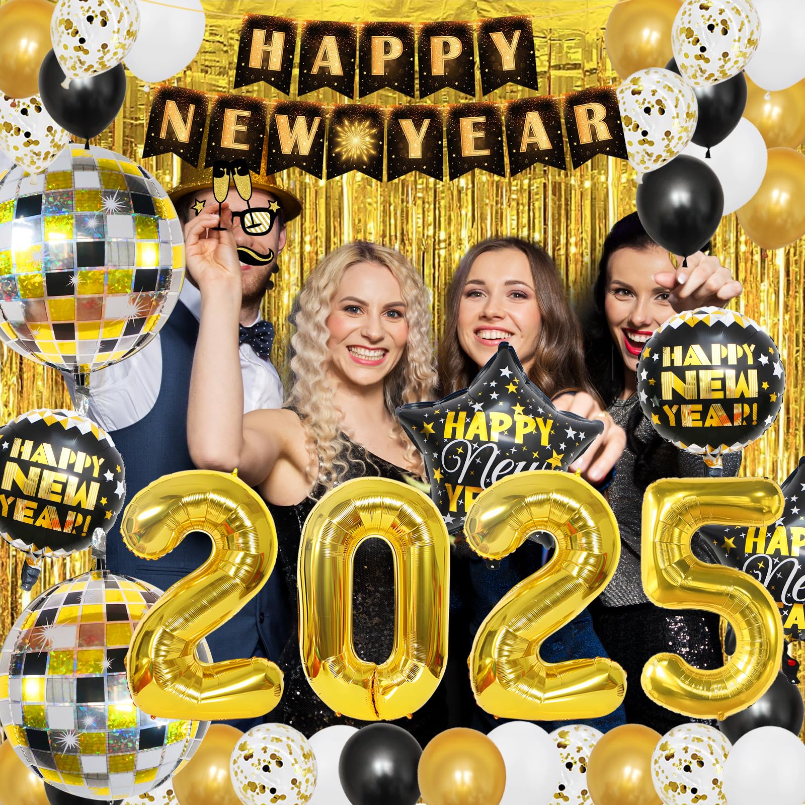 2025 New Year's Eve Party Supplies Kit - 74-Piece Set with 4D Disco Ball Balloons, Happy New Year Banner, Fringe Curtain & NYE Decorations for 2025 Celebrations | Perfect for Home Parties, Countdown Events & New Year Decorations