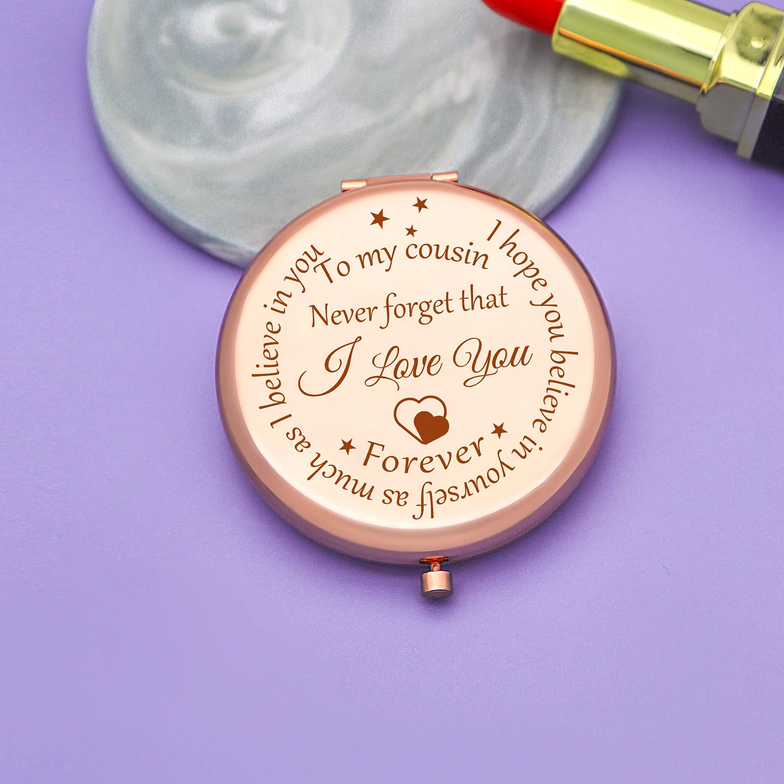 Rose Gold Compact Mirror for Women - Inspirational Cousin Gift for Birthday, Christmas & Graduation | Portable Makeup Mirror with Encouraging Message | Perfect Gift for Best Cousin Sister (Home, Travel, Purse Essential)