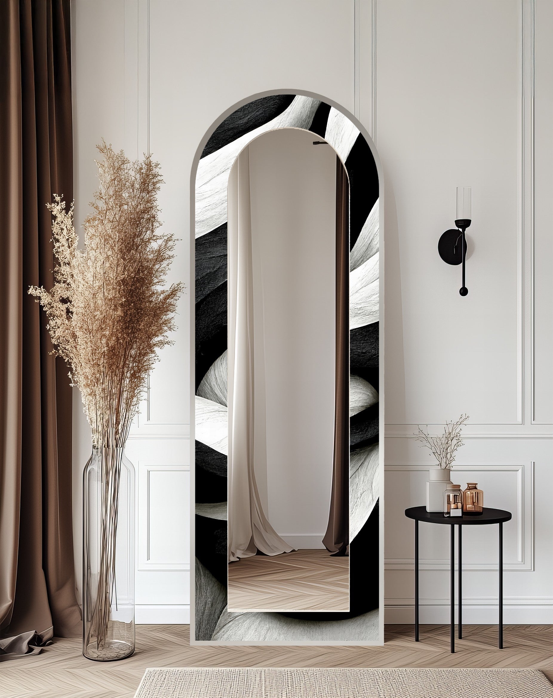 Black and White Wave Full Length Floor Mirror - Stylish Modern Decor for Bedroom, Living Room & Entryway