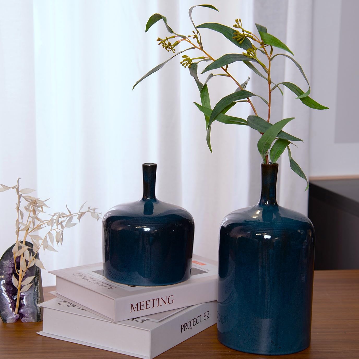 Ceramic Vase Set of 2 - Modern Reactive Glaze Blue Flower Vases for Centerpieces, Long Neck Home Decor for Bedroom, Kitchen, Dining Table | Perfect for Wedding, Housewarming & Farmhouse Decor